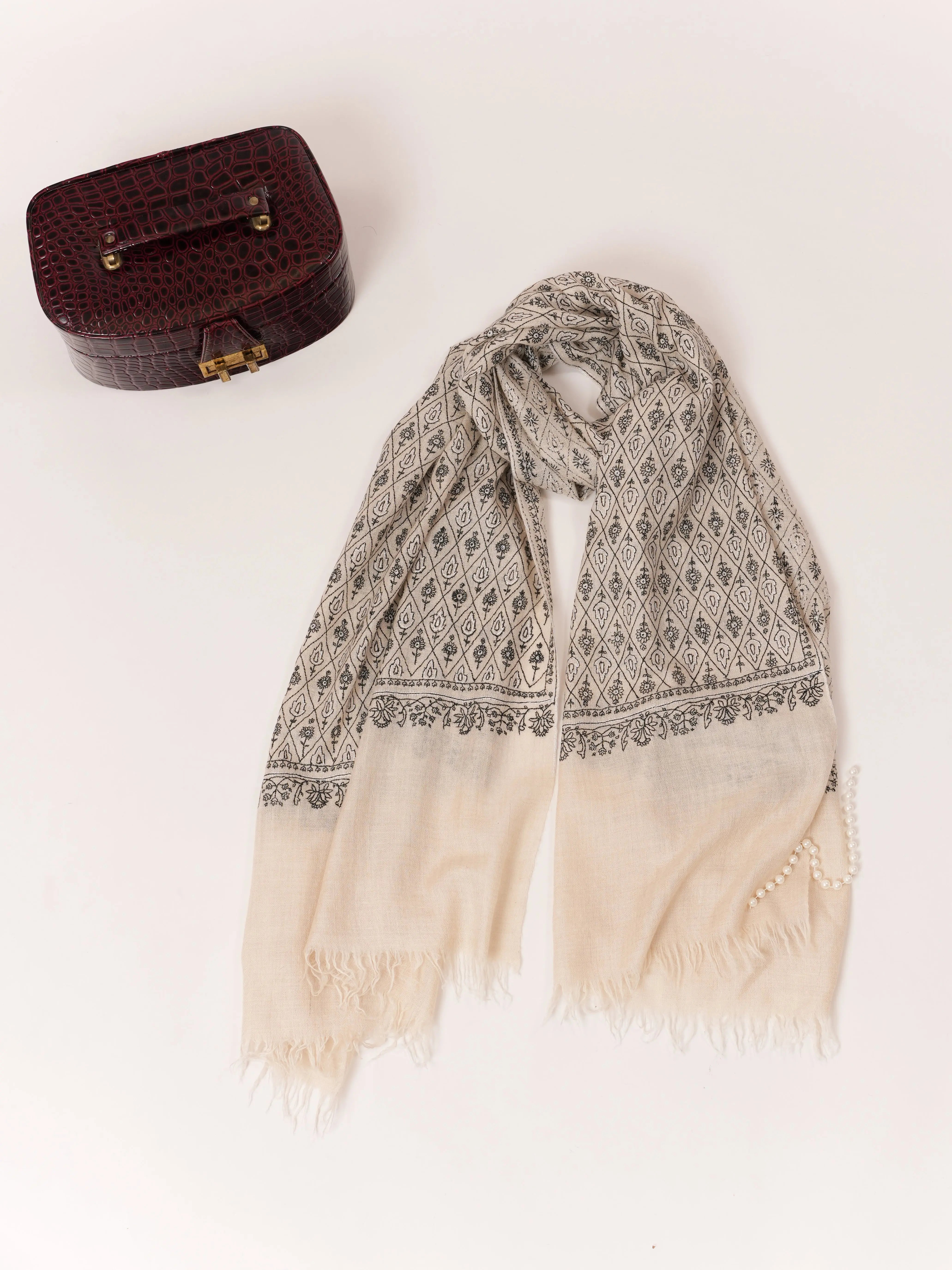 Natural Off White Hand Embroidered Cashmere Scarf with Black Embroidery Shahkaar.com