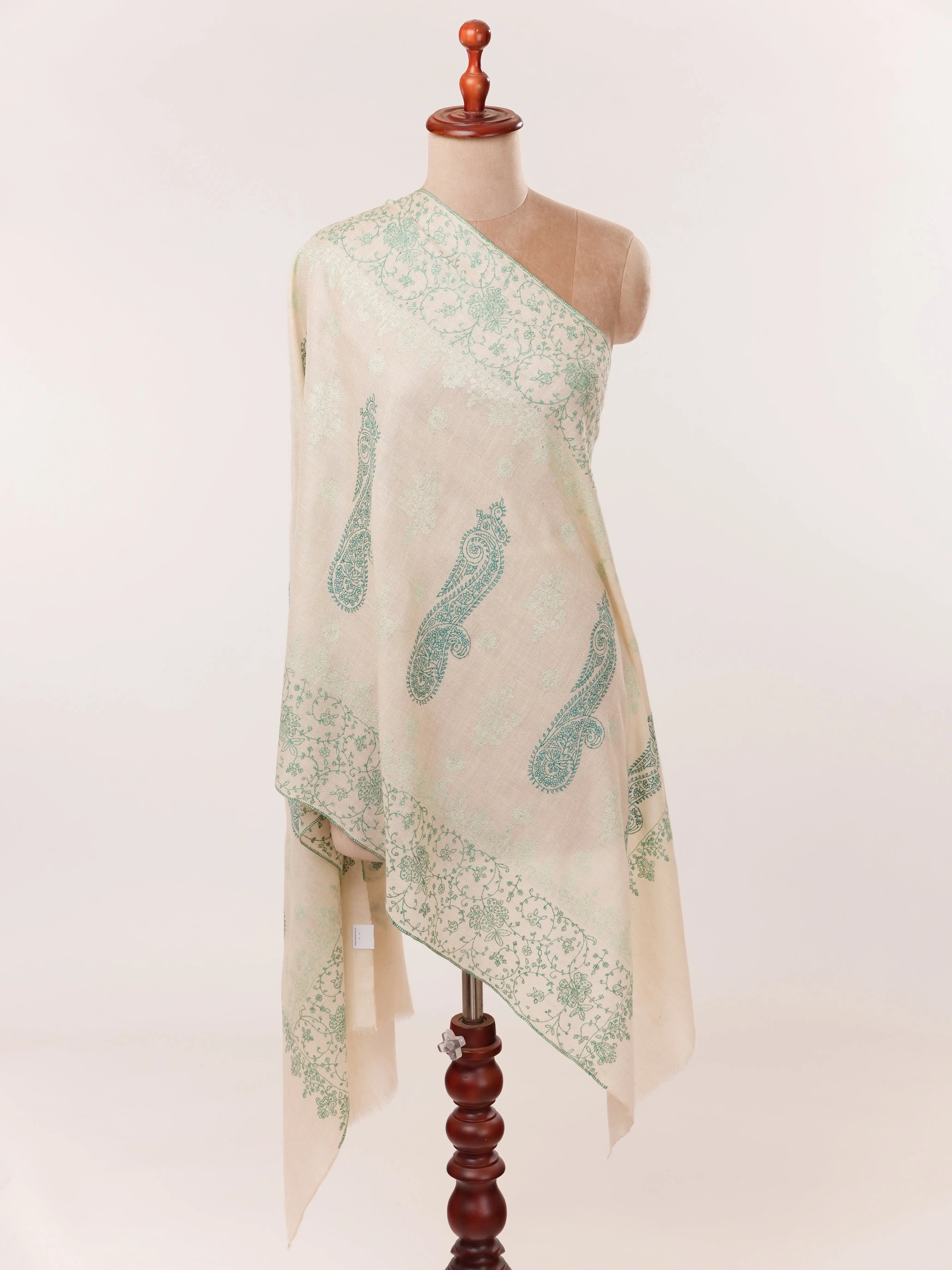 Natural Off White Cashmere Scarf with Green Hand Embroidery Shahkaar.com