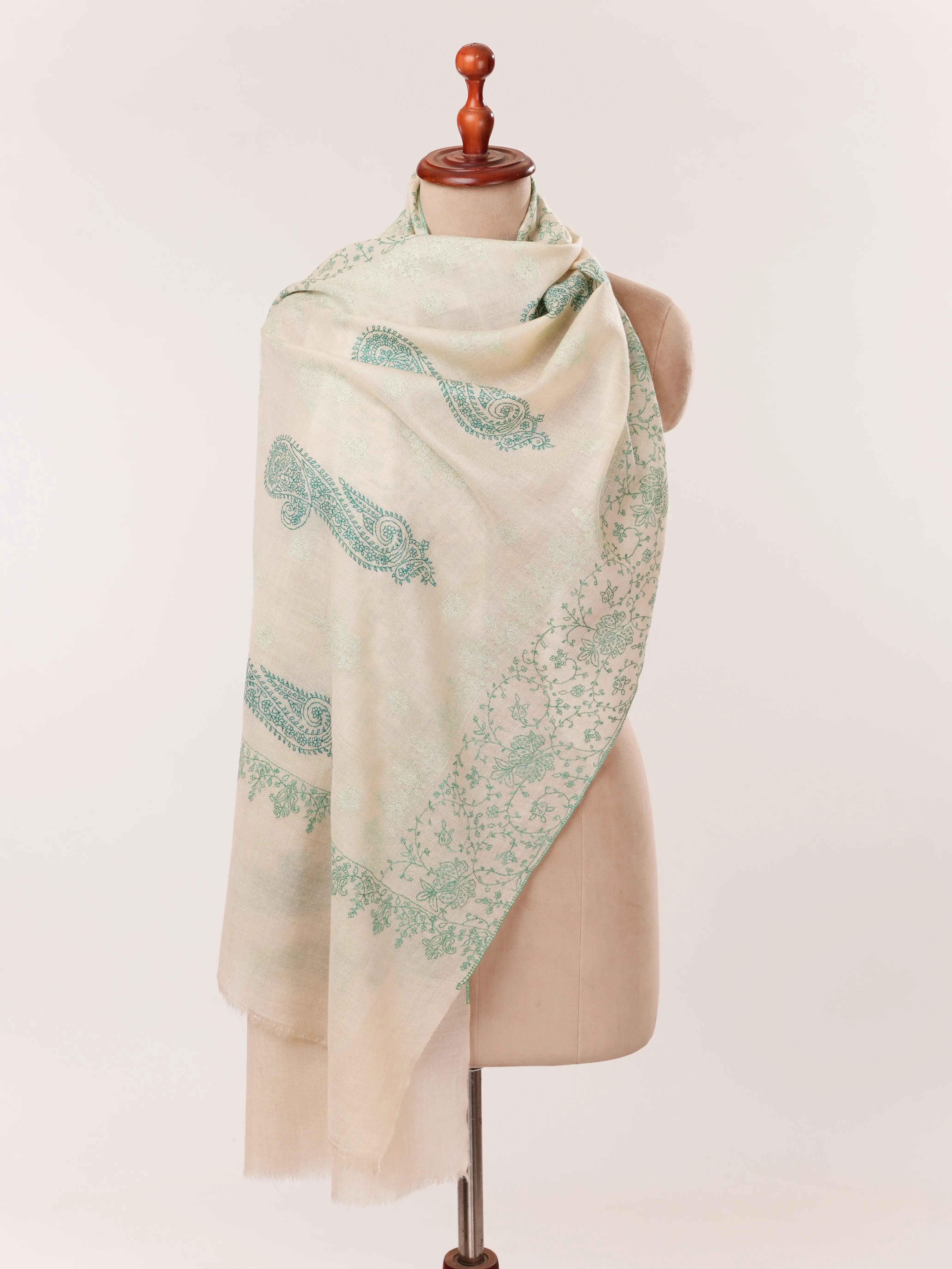 Natural Off White Cashmere Scarf with Green Hand Embroidery Shahkaar.com
