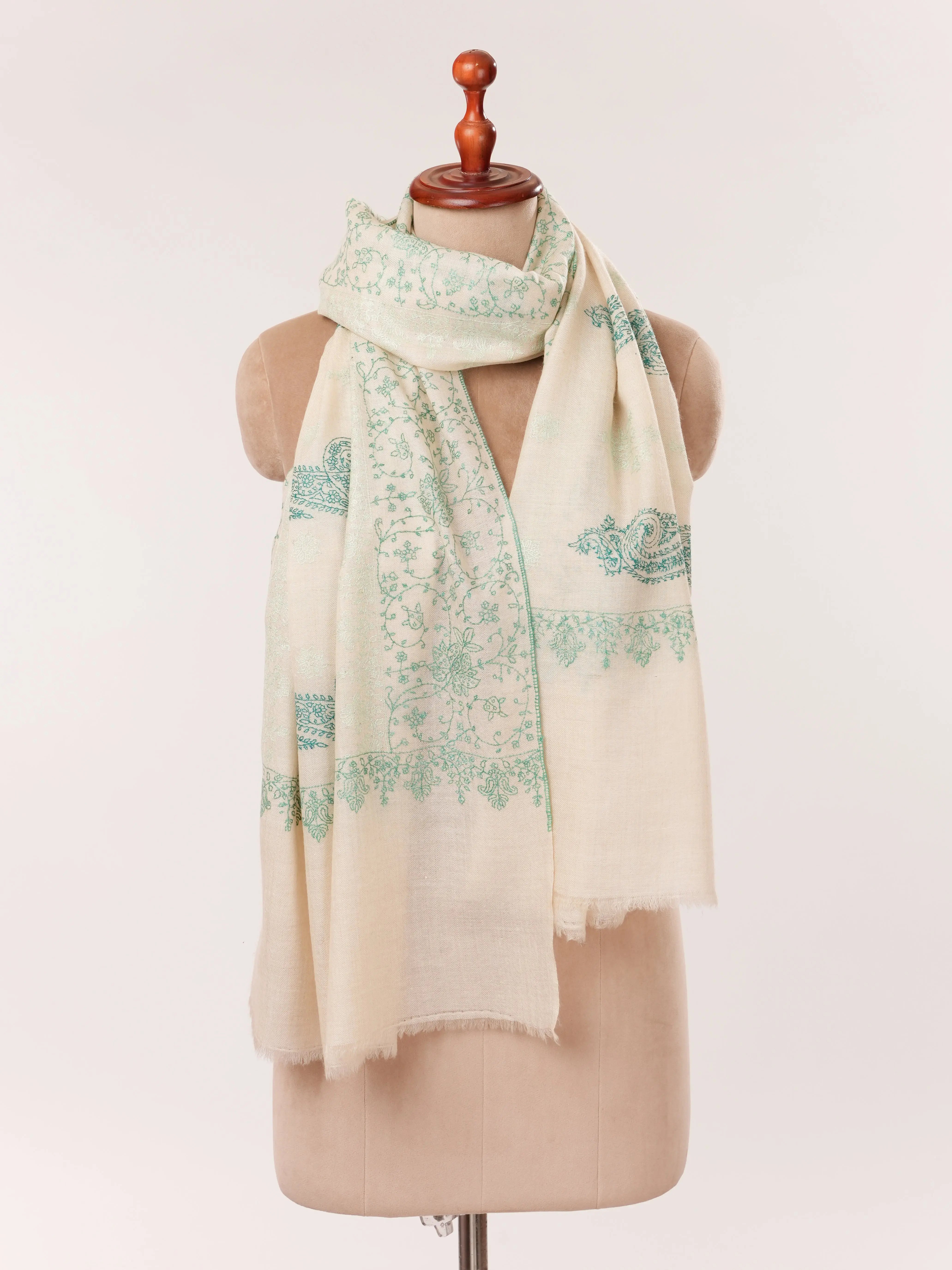 Natural Off White Cashmere Scarf with Green Hand Embroidery Shahkaar.com