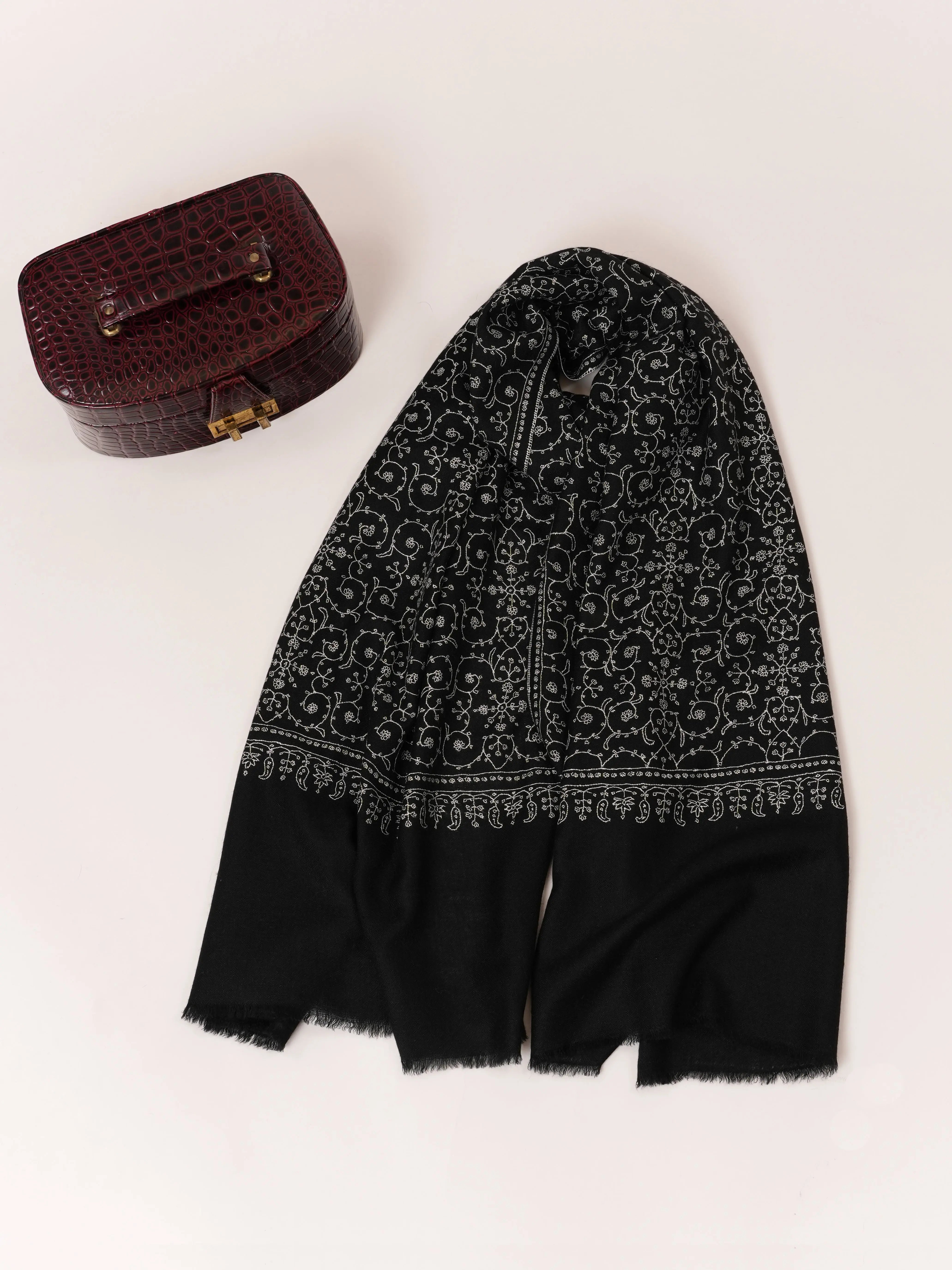 Black Handwoven Cashmere Scarf with All-Over Jali Embroidery Shahkaar.com