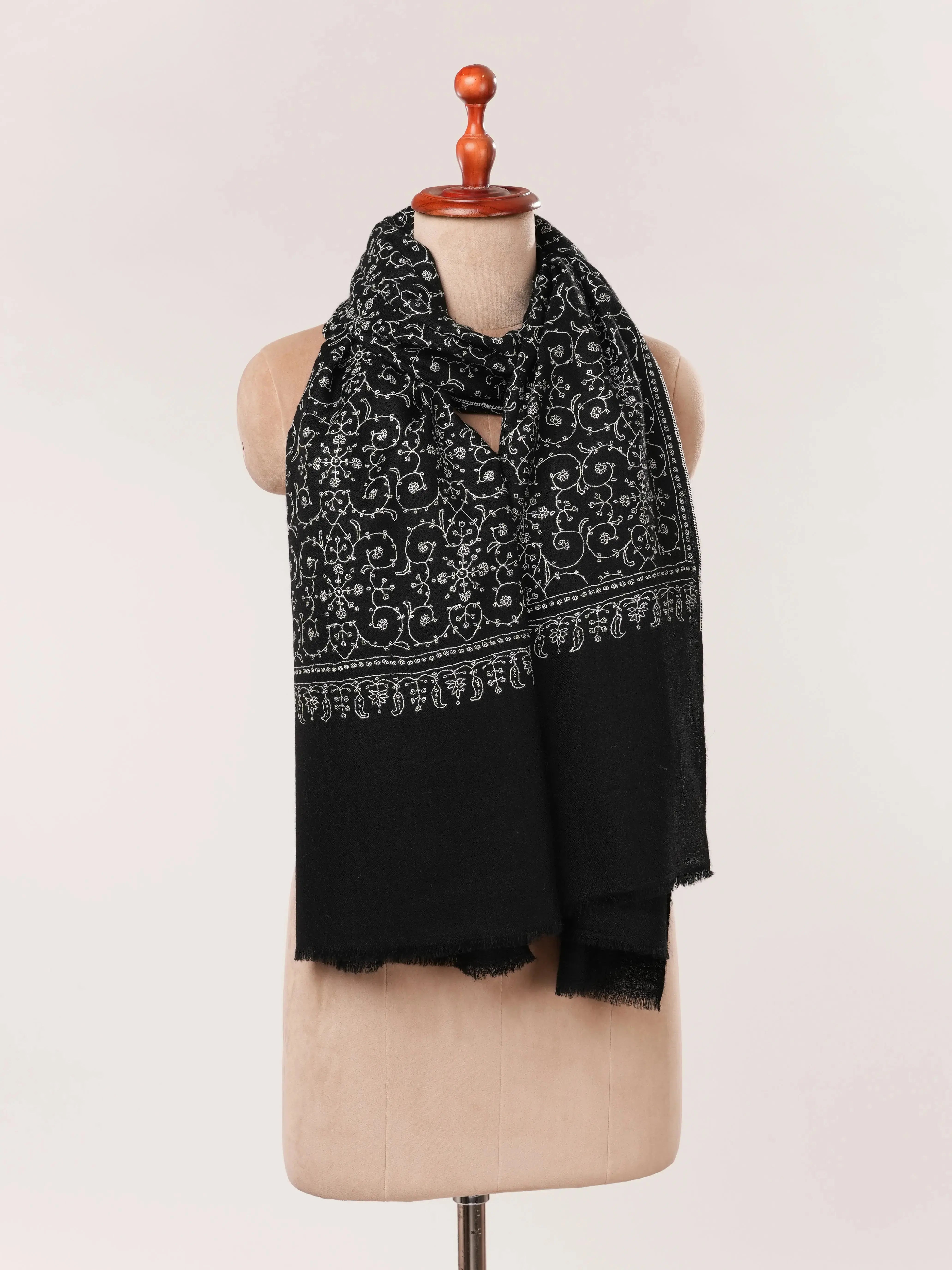 Black Handwoven Cashmere Scarf with All-Over Jali Embroidery Shahkaar.com