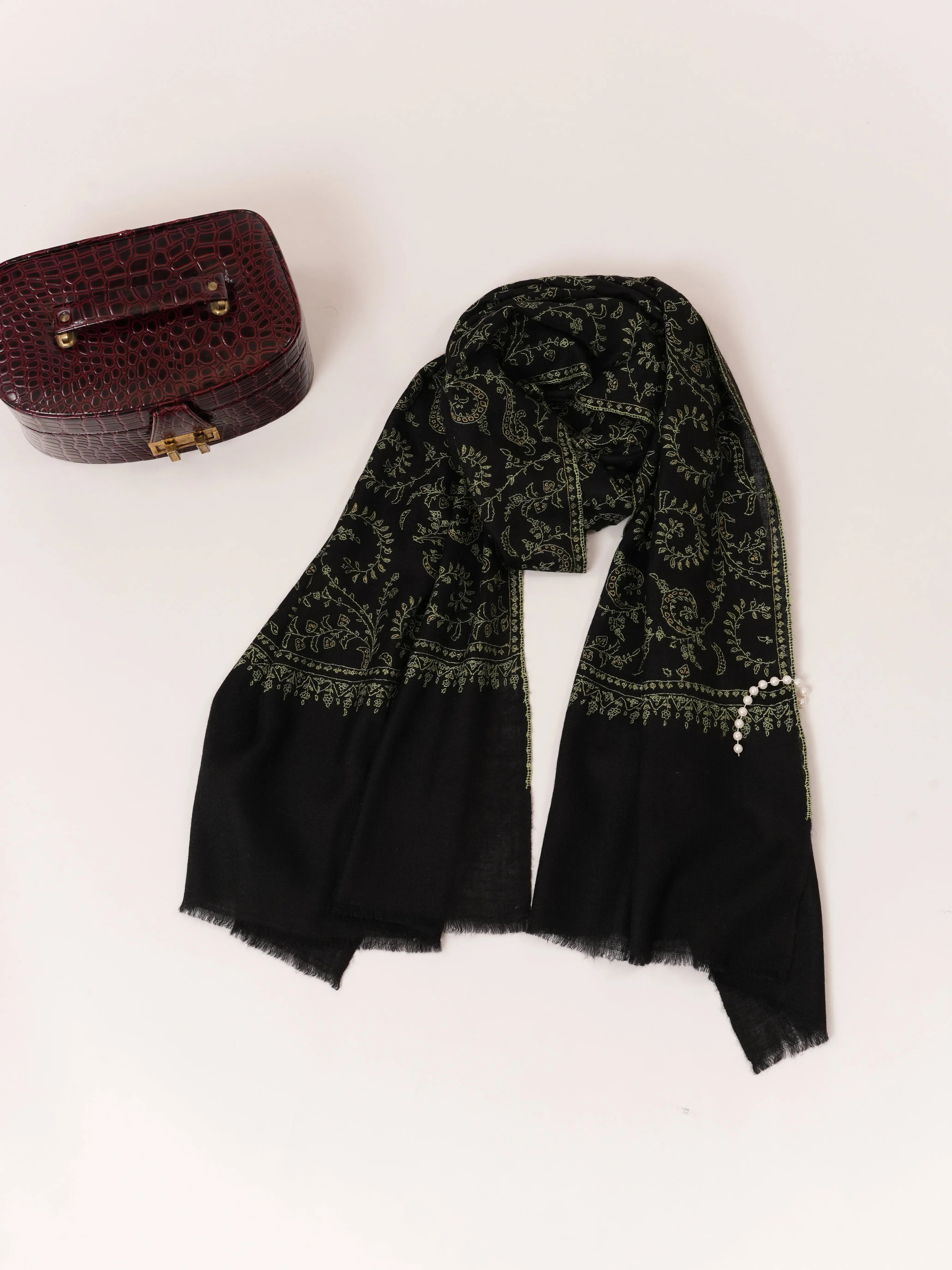 Black Cashmere Scarf with Hand Needlework Jali Embroidery Shahkaar.com