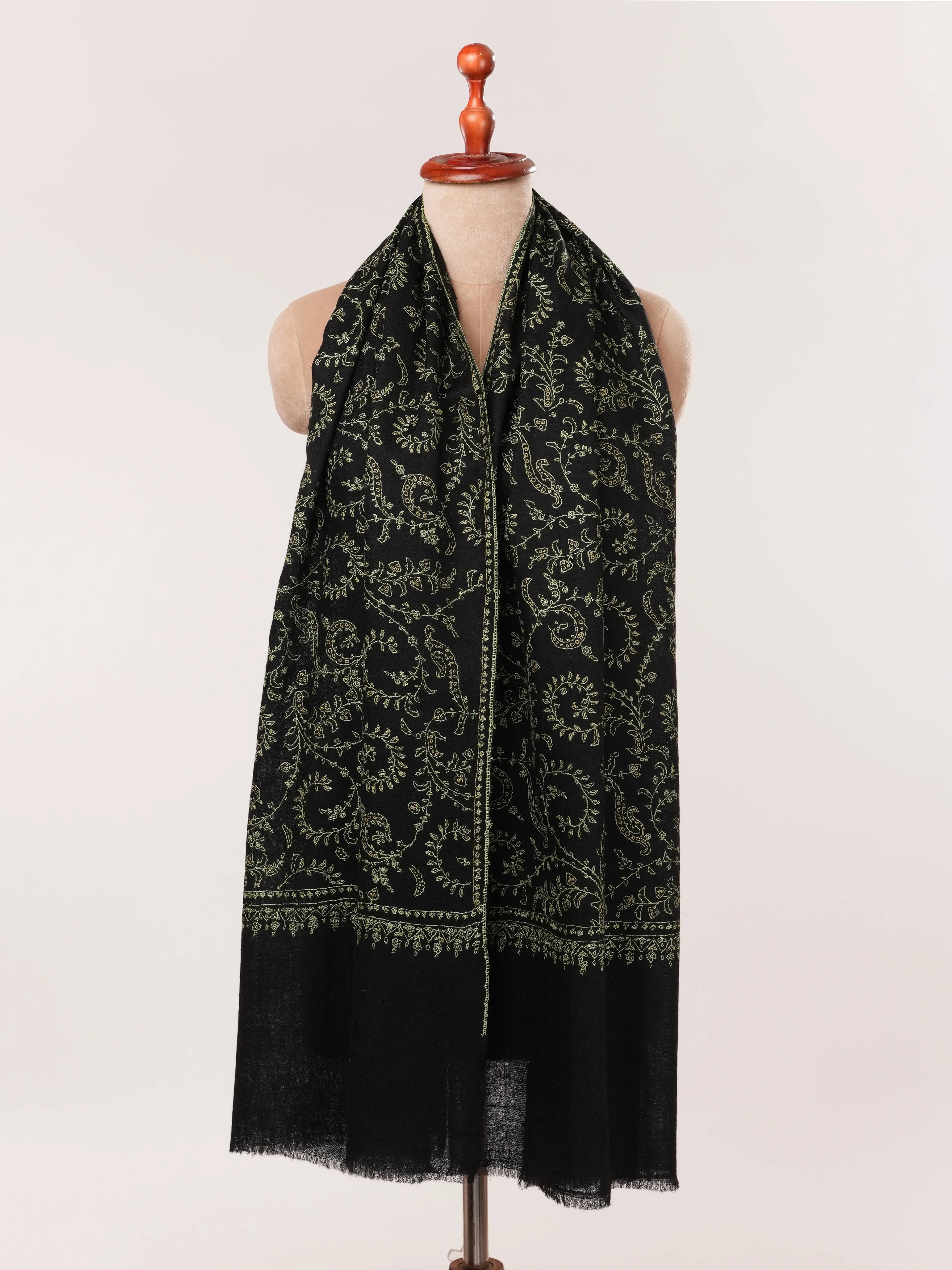 Black Cashmere Scarf with Hand Needlework Jali Embroidery Shahkaar.com