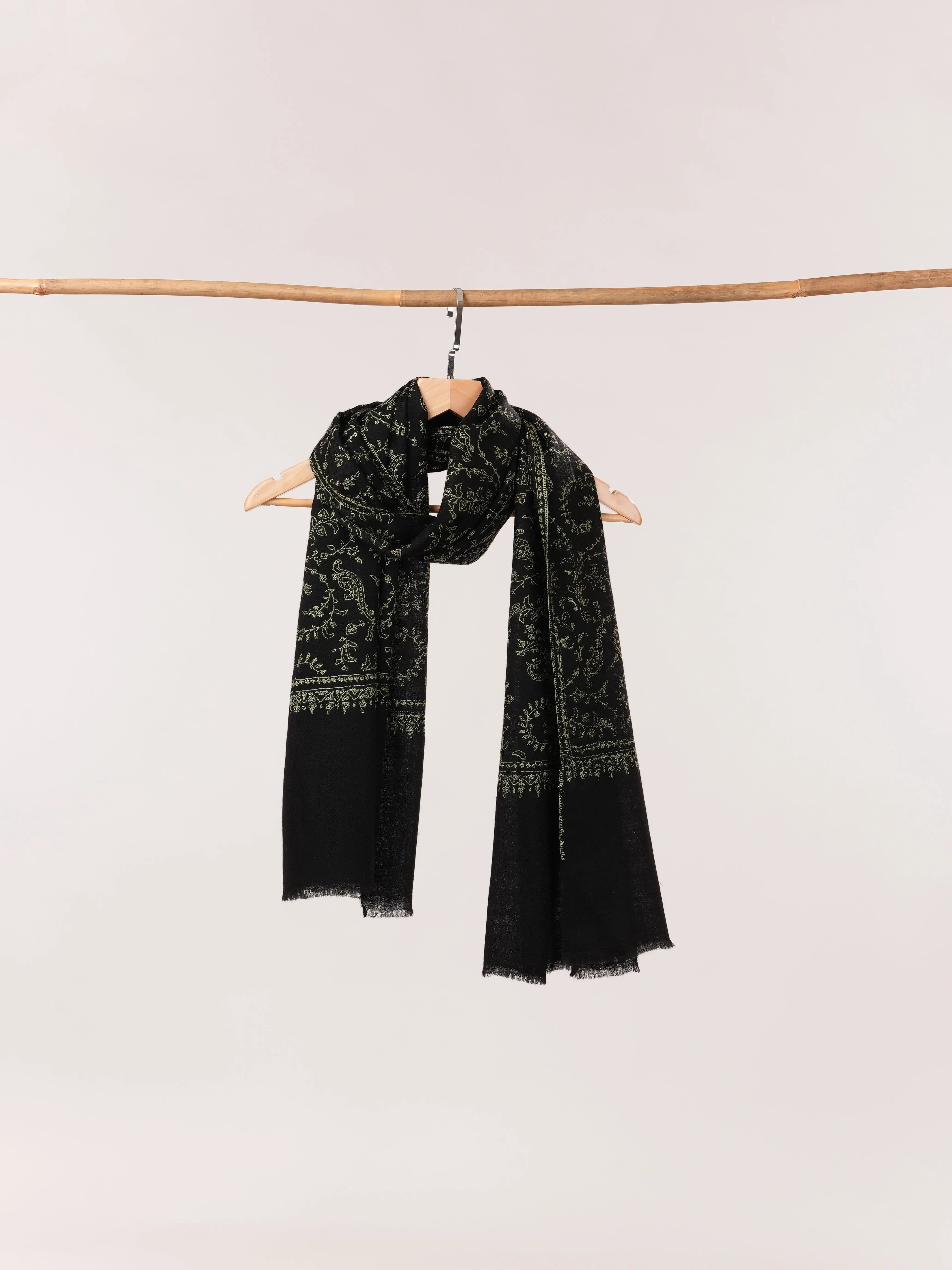 Black Cashmere Scarf with Hand Needlework Jali Embroidery Shahkaar.com