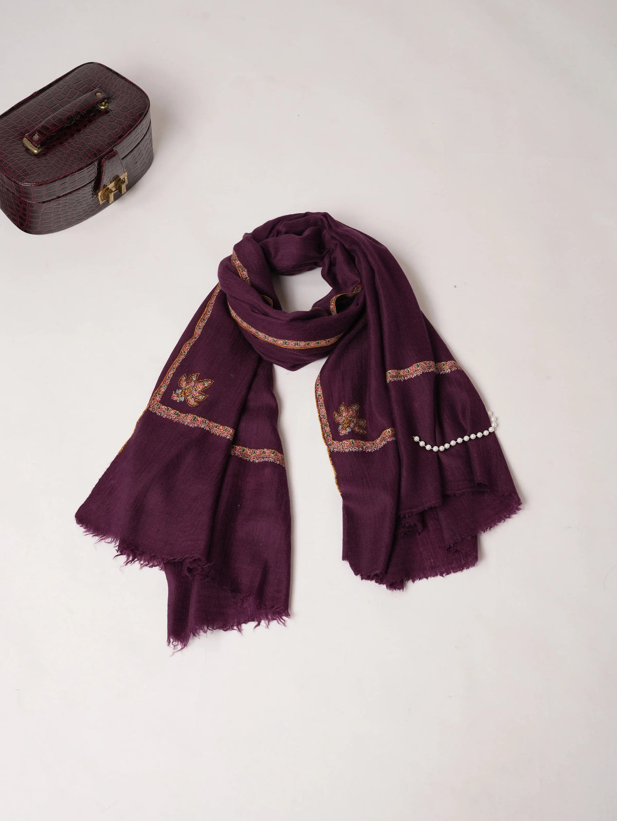 Deep Plum Original Pashmina with Delicate Baildar Embroidery