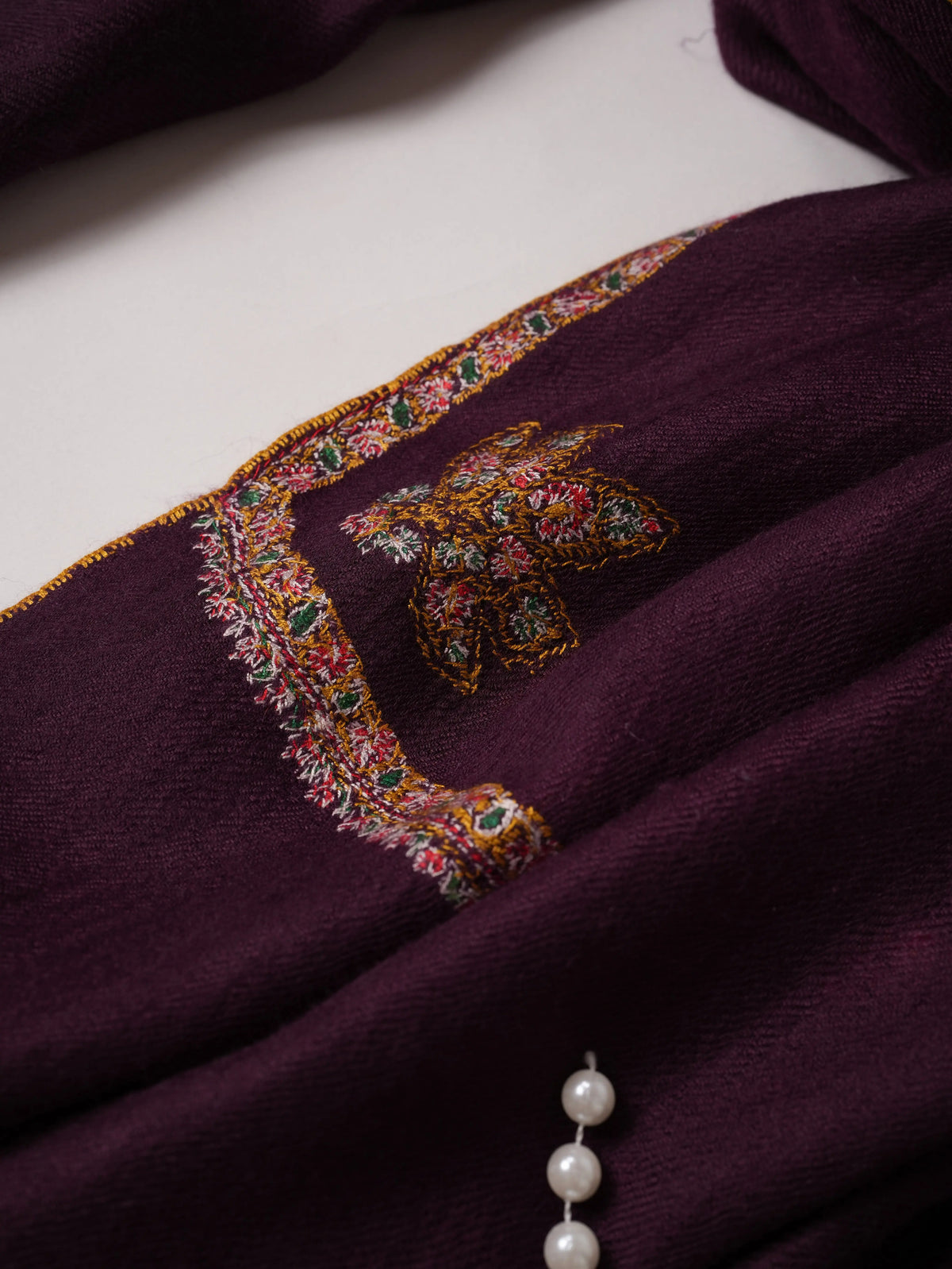 Deep Plum Original Pashmina with Delicate Baildar Embroidery