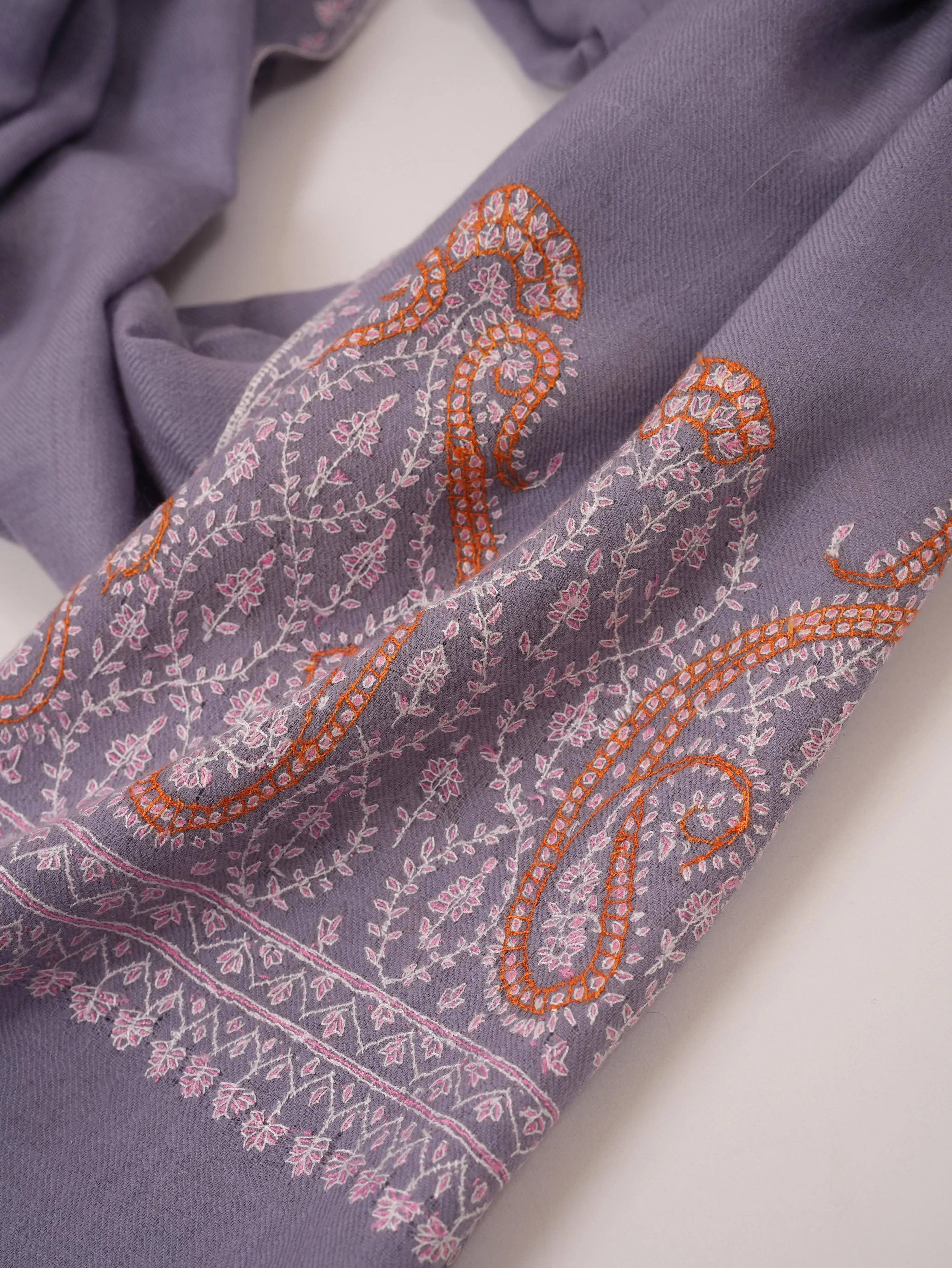 Baby Blue Cashmere Handwoven Scarf with Kashmiri Sozni Palldar Embroidery Shahkaar.com