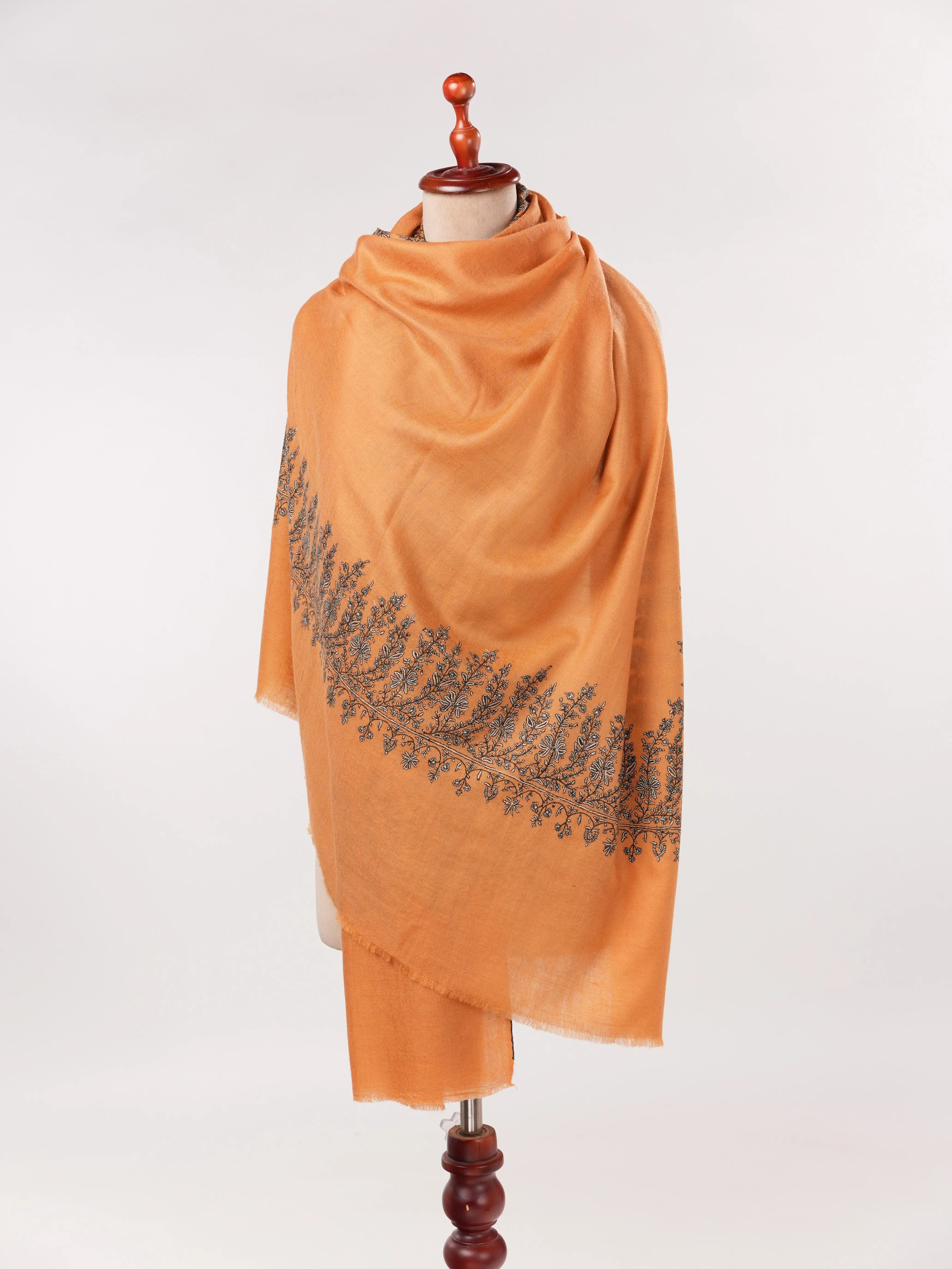 Kashmiri Shawl with Daurdar Hand Sozni Embroidery on Handwoven Burnt Orange Pashmina Shahkaar.com