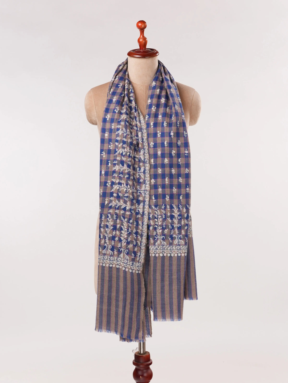 Handwoven Check Shawl Pure Pashmina with Hand Buteh Embroidery Shahkaar.com