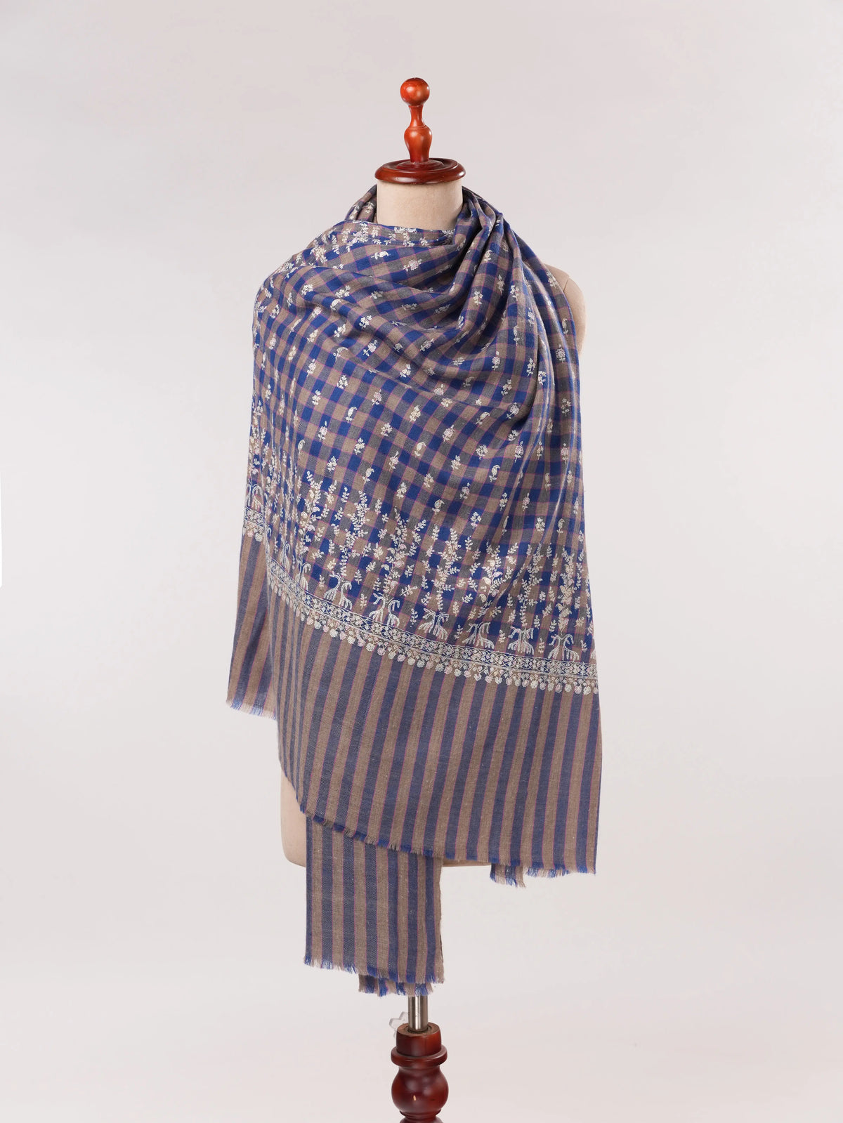 Handwoven Check Shawl Pure Pashmina with Hand Buteh Embroidery Shahkaar.com