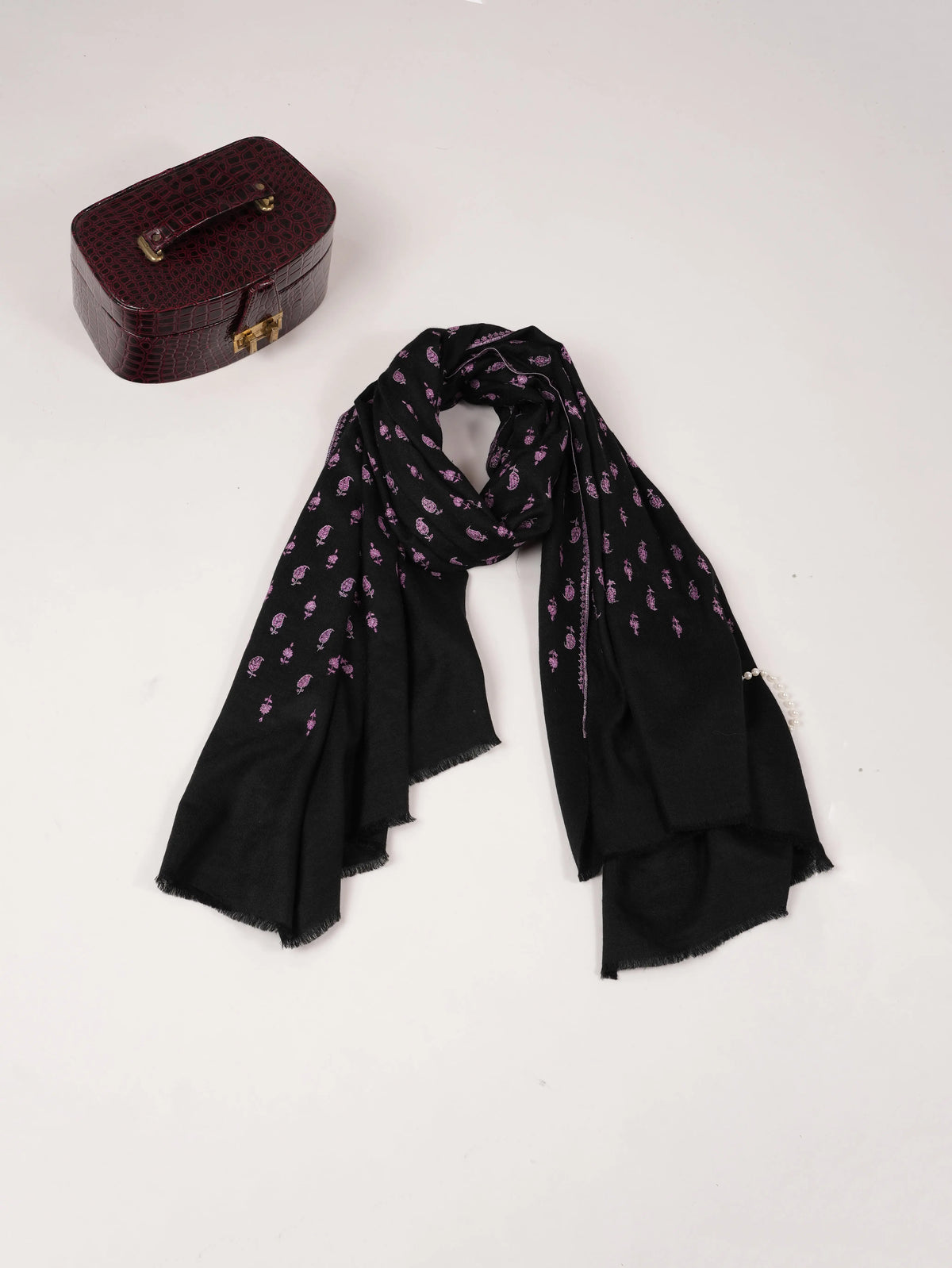 Black Handwoven Pashmina Shawl with Buteh Hand Embroidery