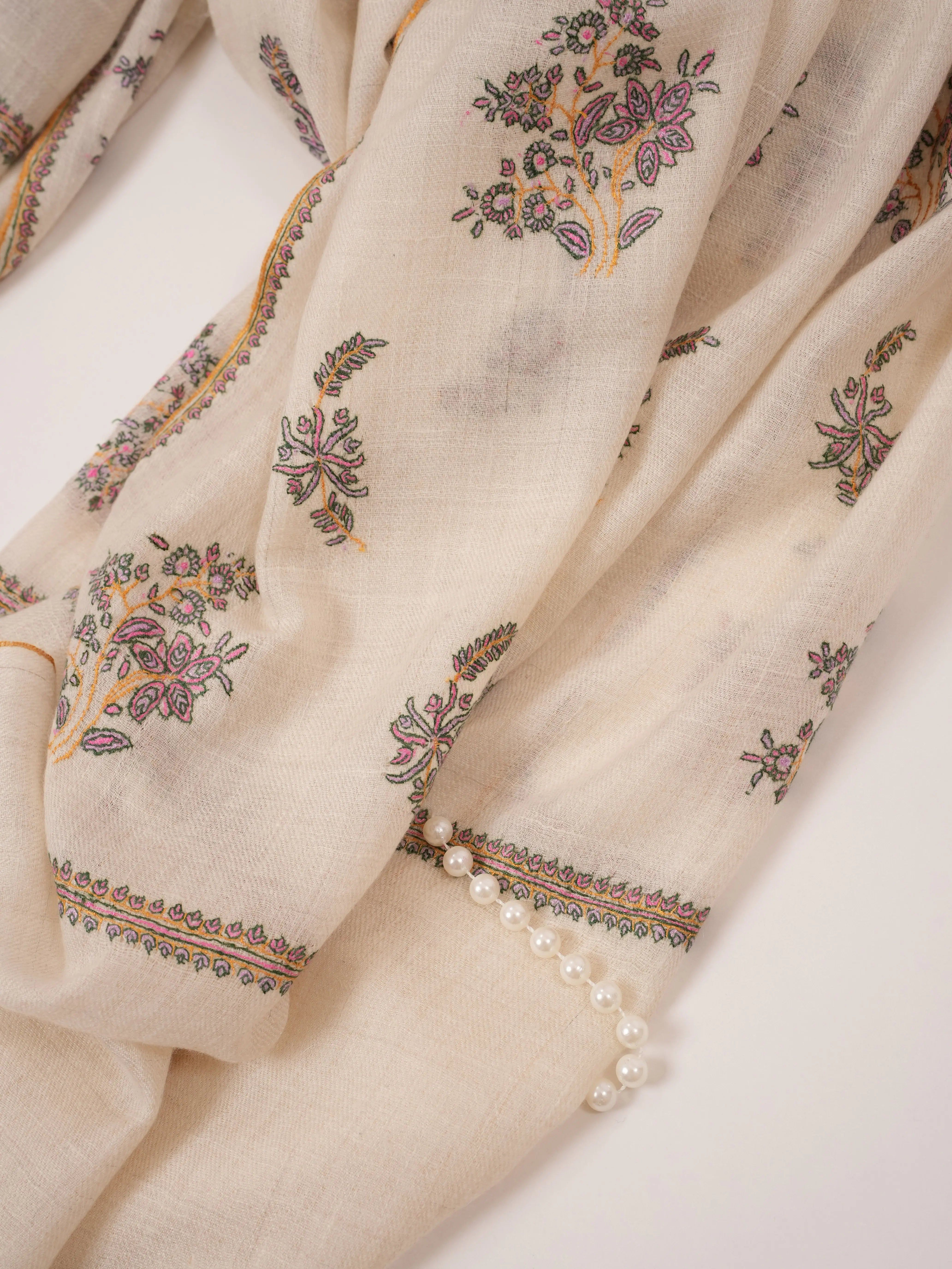 White Handmade Kashmiri Pashmina Shawl with Hand Buteh Embroidery Shahkaar.com