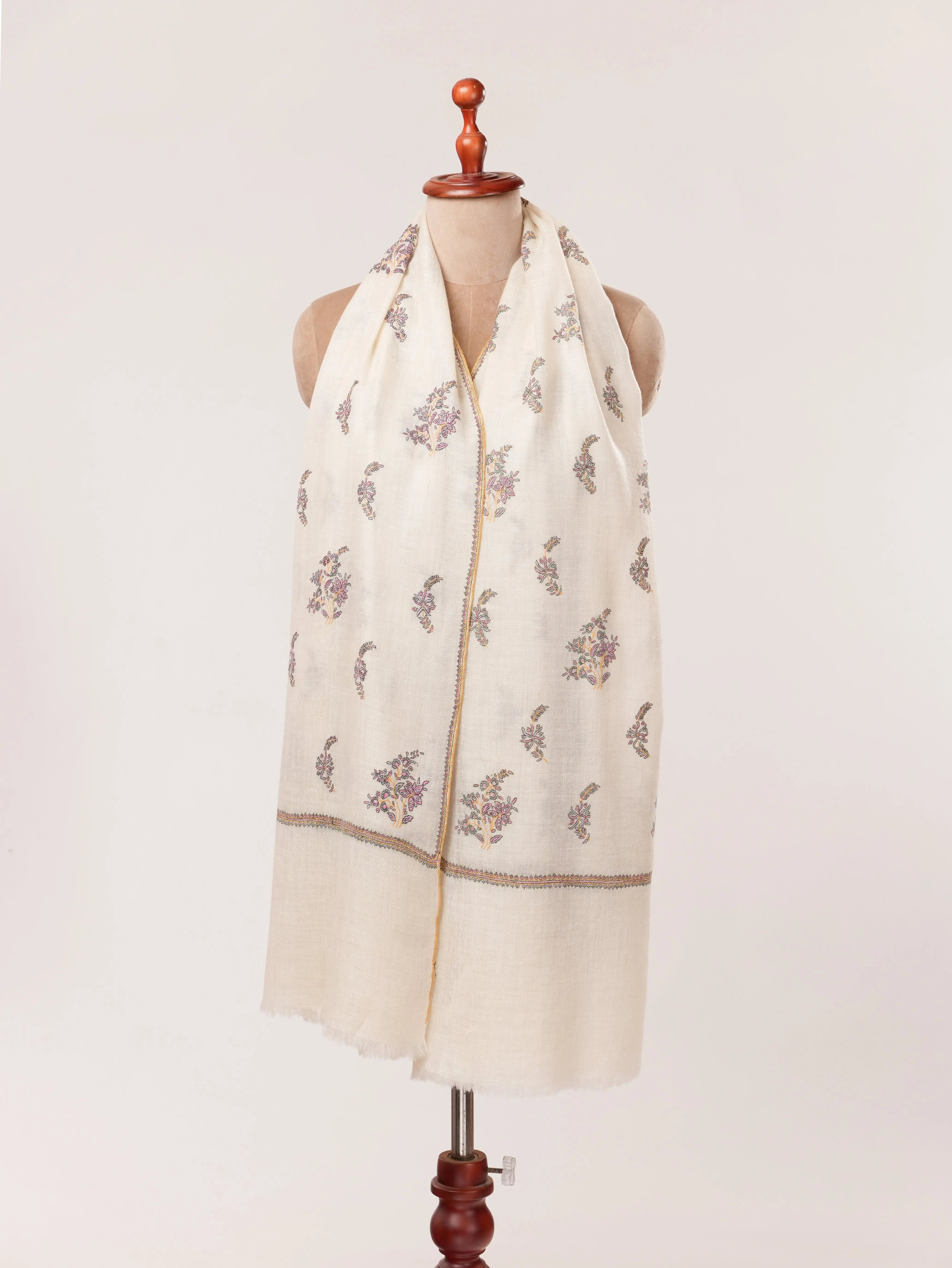 White Handmade Kashmiri Pashmina Shawl with Hand Buteh Embroidery Shahkaar.com