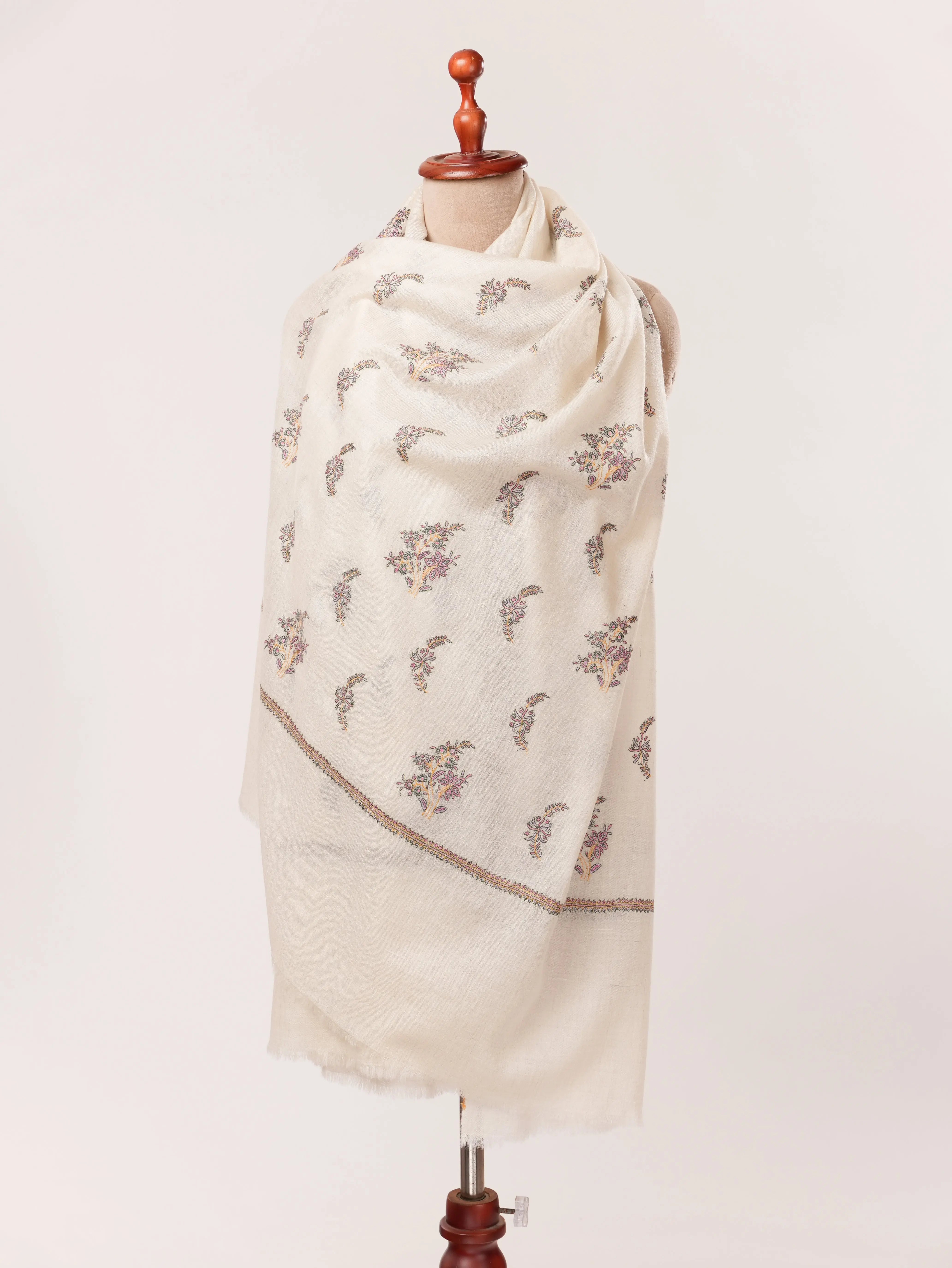 White Handmade Kashmiri Pashmina Shawl with Hand Buteh Embroidery Shahkaar.com