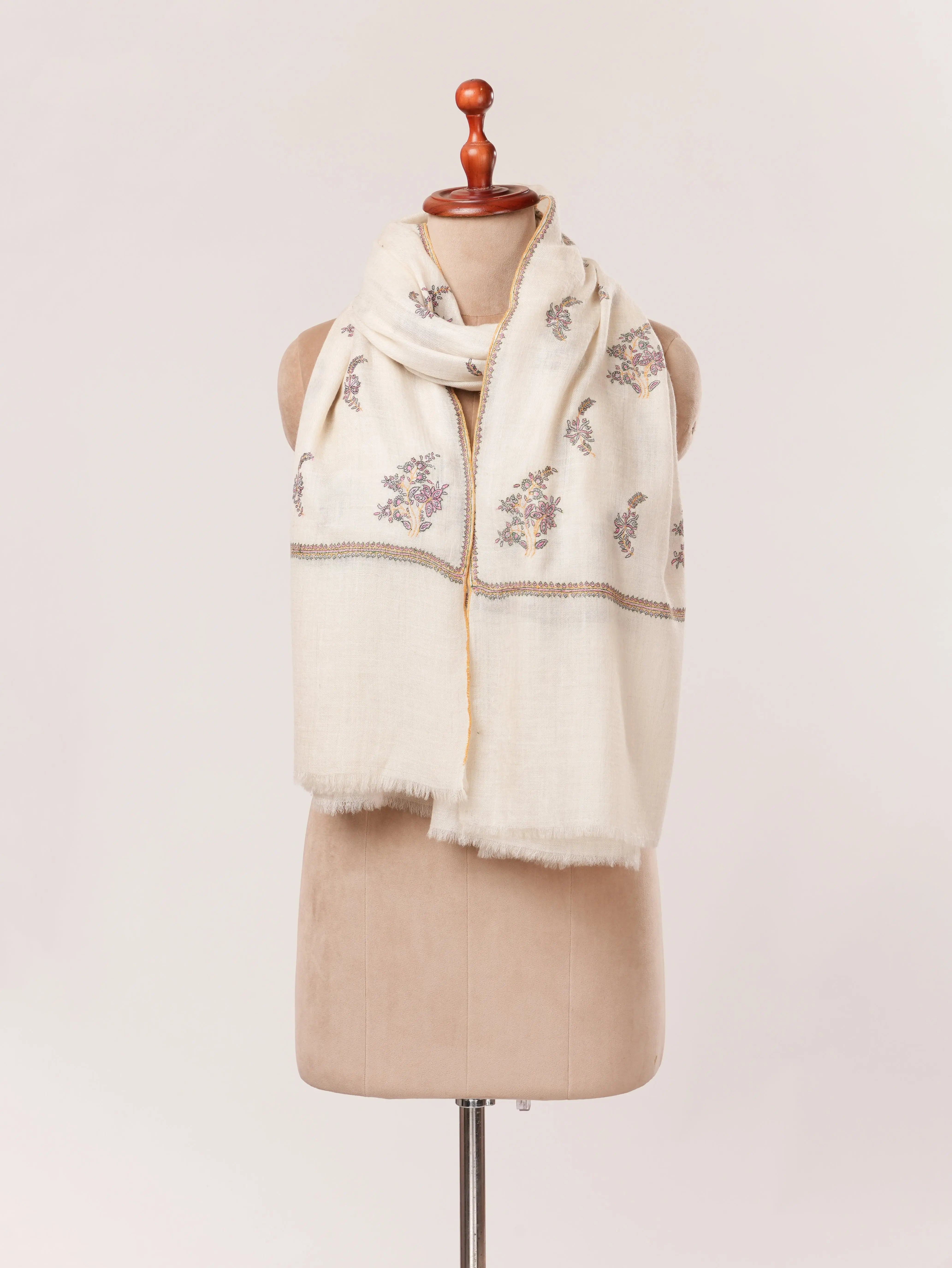 White Handmade Kashmiri Pashmina Shawl with Hand Buteh Embroidery Shahkaar.com