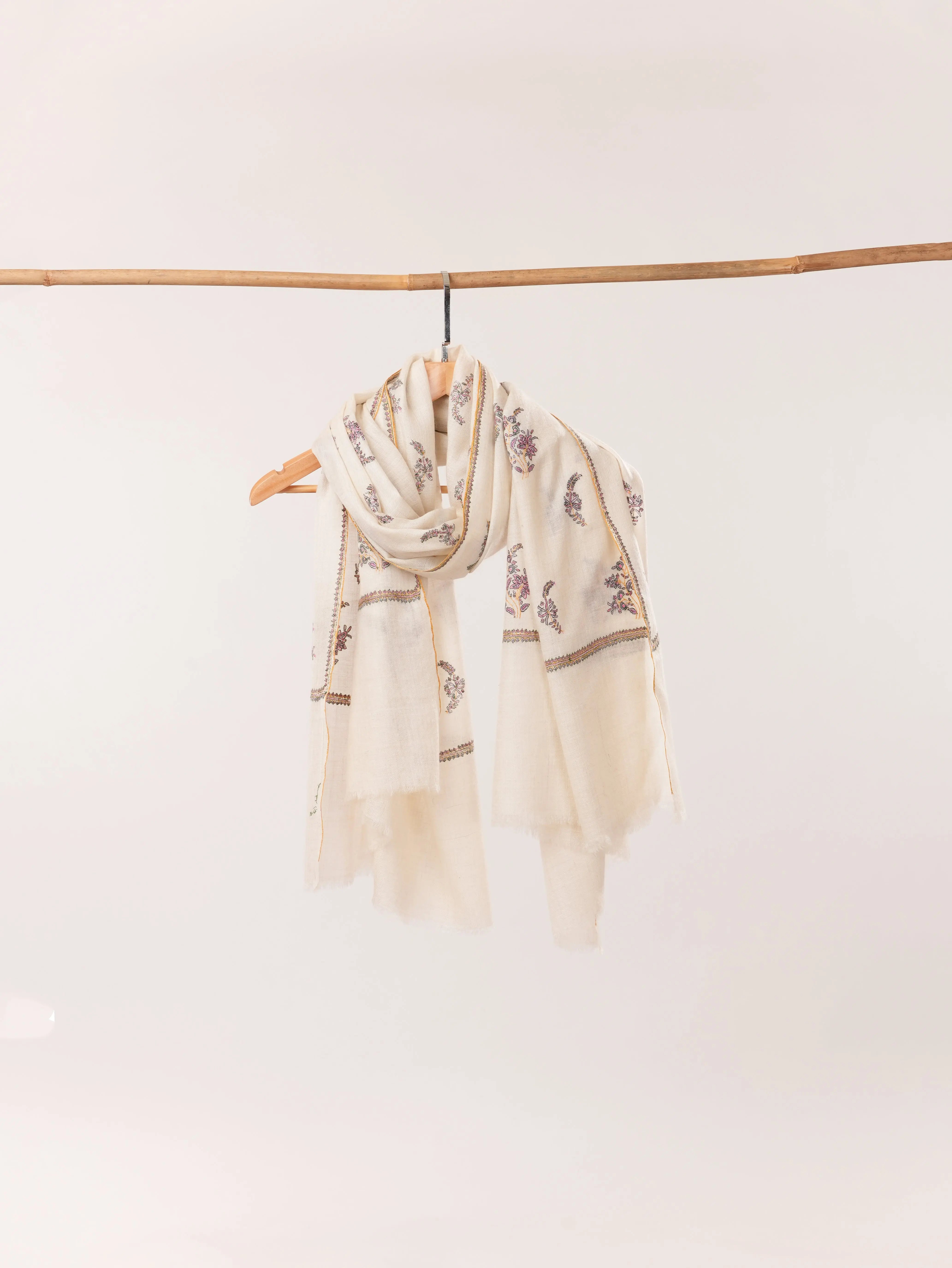 White Handmade Kashmiri Pashmina Shawl with Hand Buteh Embroidery Shahkaar.com