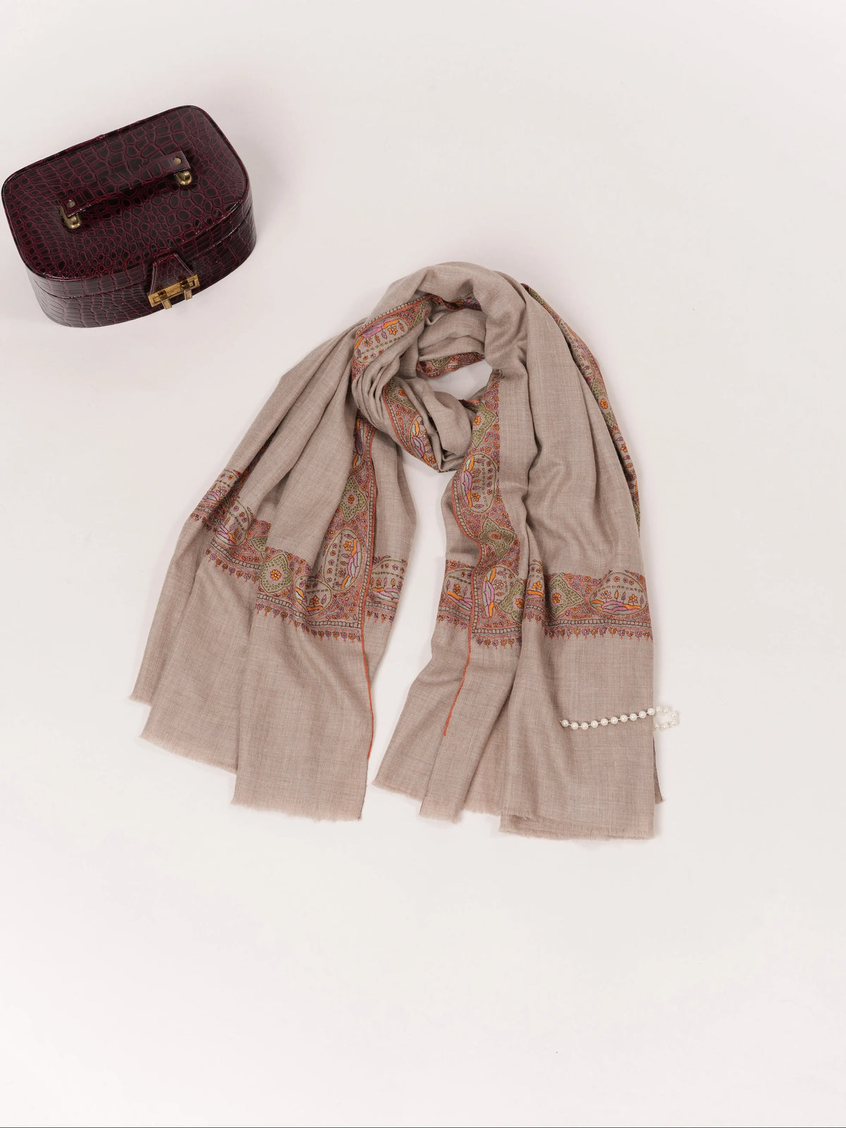 Handwoven Natural Taupe Auntentic Pashmina with Daurdar Hand Sozni Embroidery Shahkaar.com