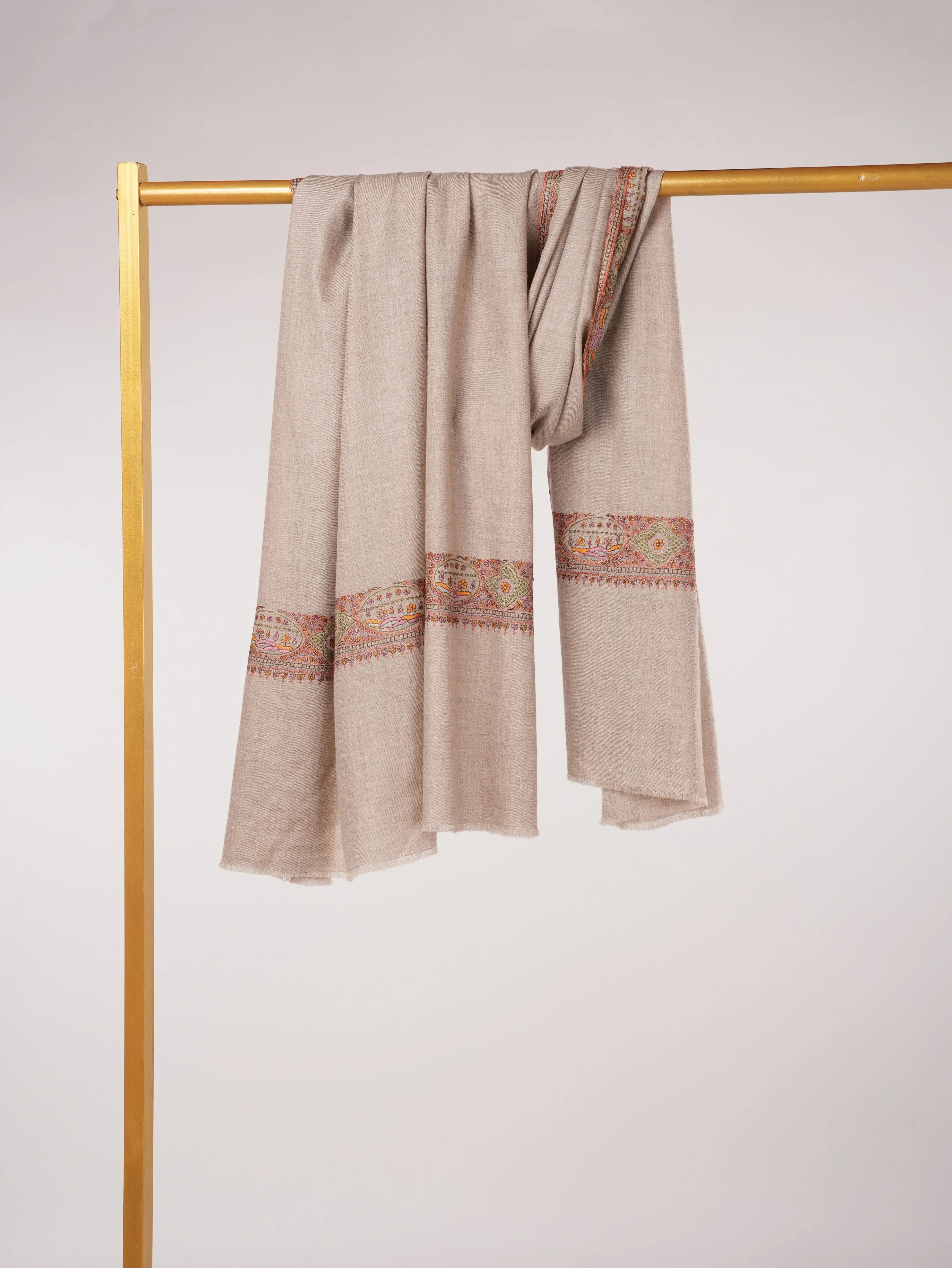 Handwoven Natural Taupe Auntentic Pashmina with Daurdar Hand Sozni Embroidery Shahkaar.com