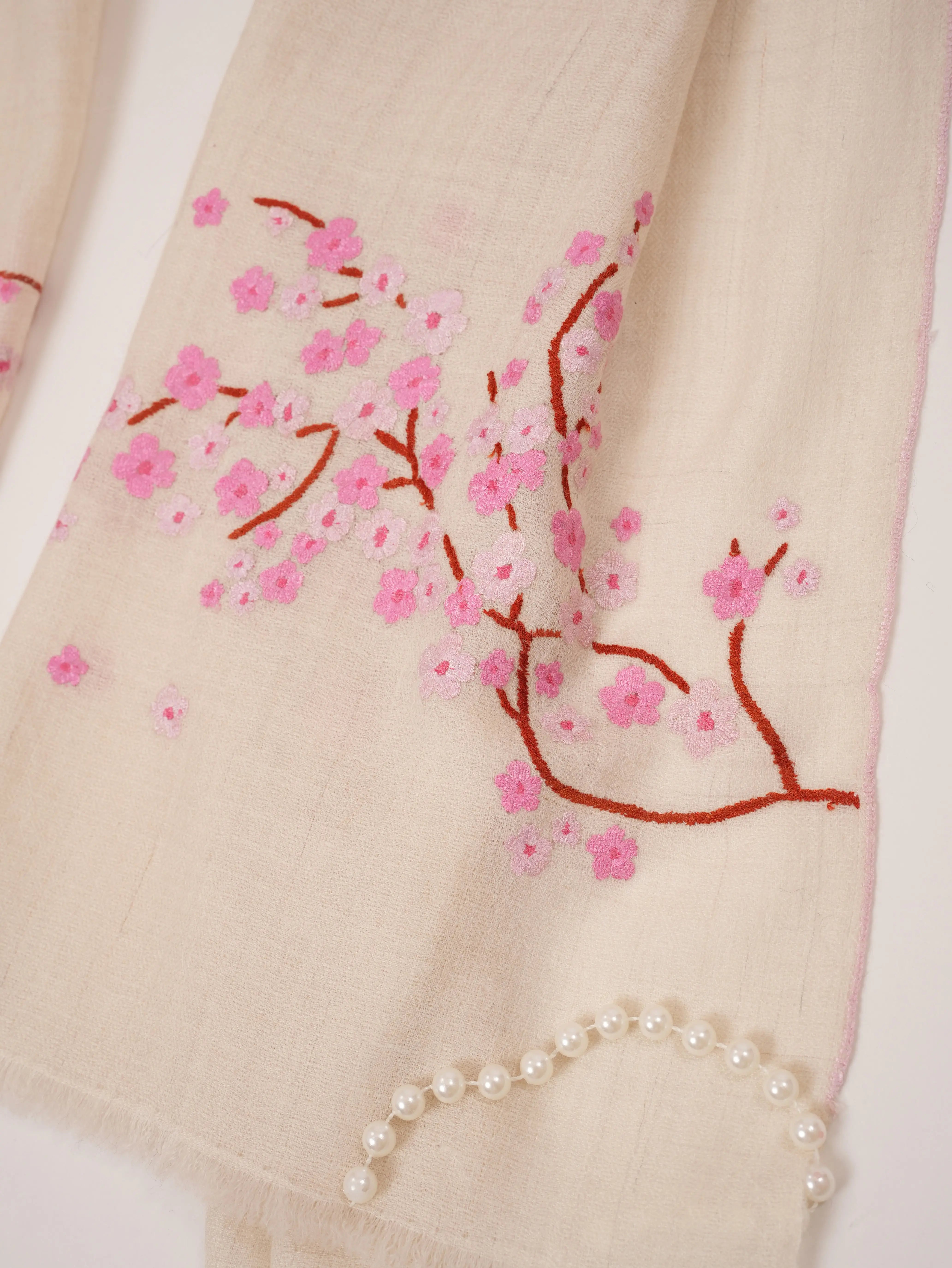 Handwoven Kashmiri Natural White Almond Bloom Cashmere Scarf with Sozni Handwork Shahkaar.com
