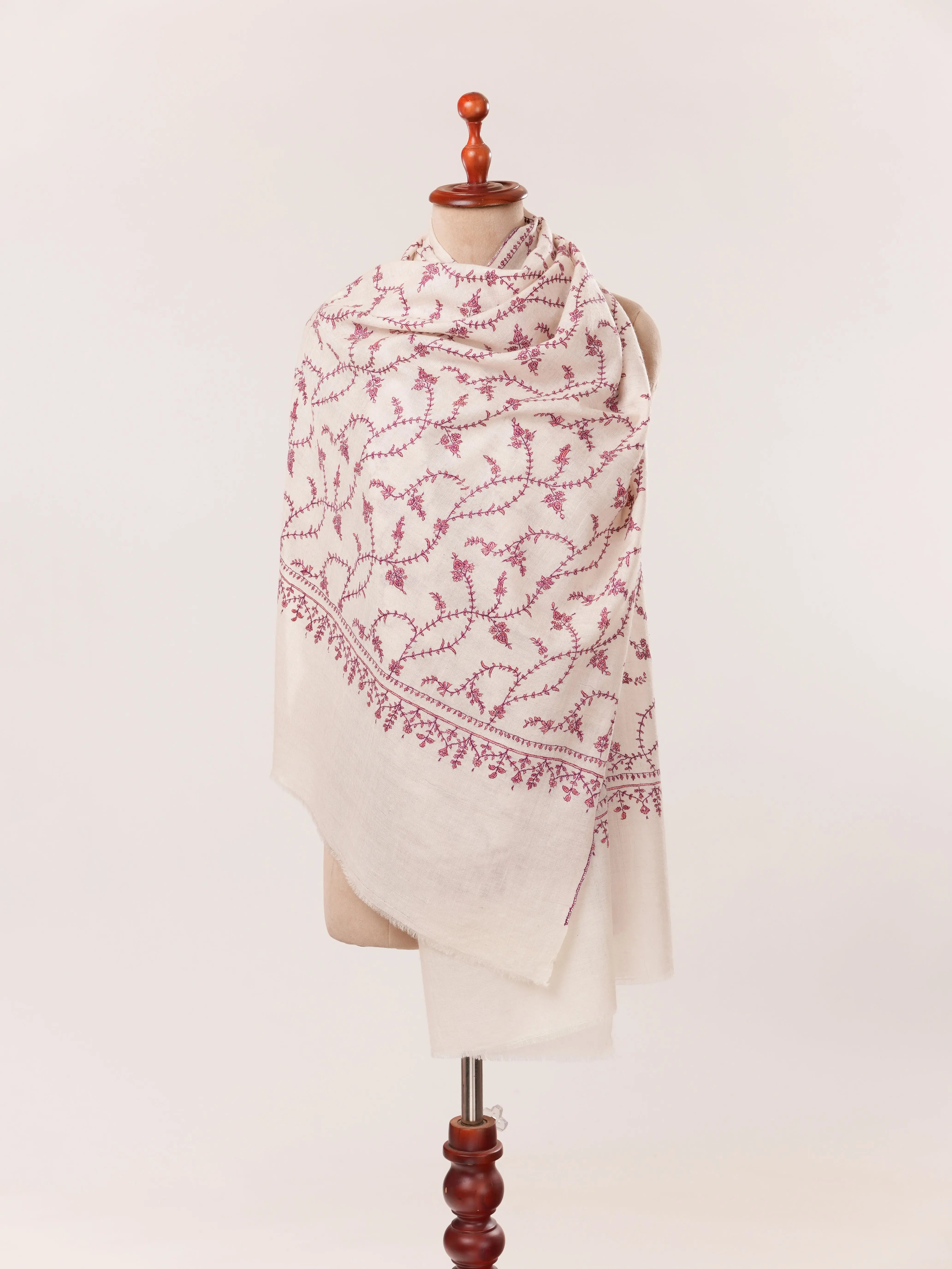 Kashmiri Natural White Handwoven Cashmere Scarf with Traditional Jali Embroidery Shahkaar.com
