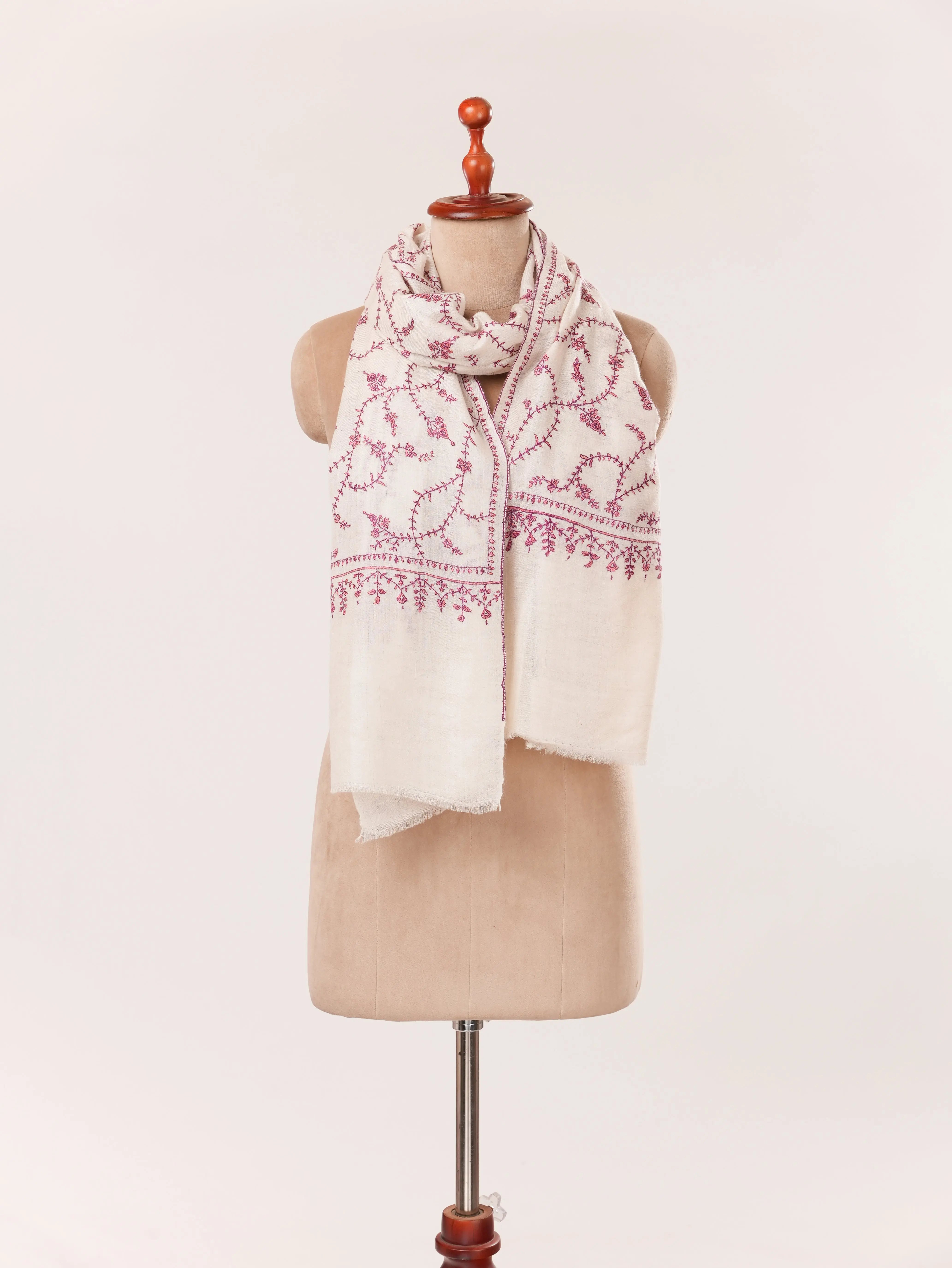 Kashmiri Natural White Handwoven Cashmere Scarf with Traditional Jali Embroidery Shahkaar.com