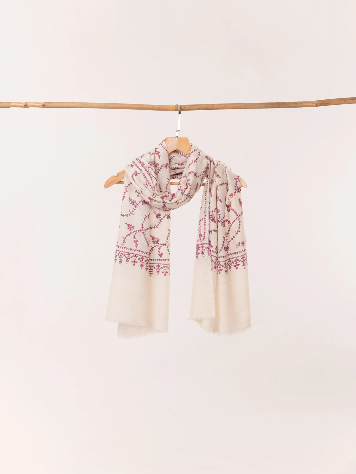 Kashmiri Natural White Handwoven Cashmere Scarf with Traditional Jali Embroidery Shahkaar.com