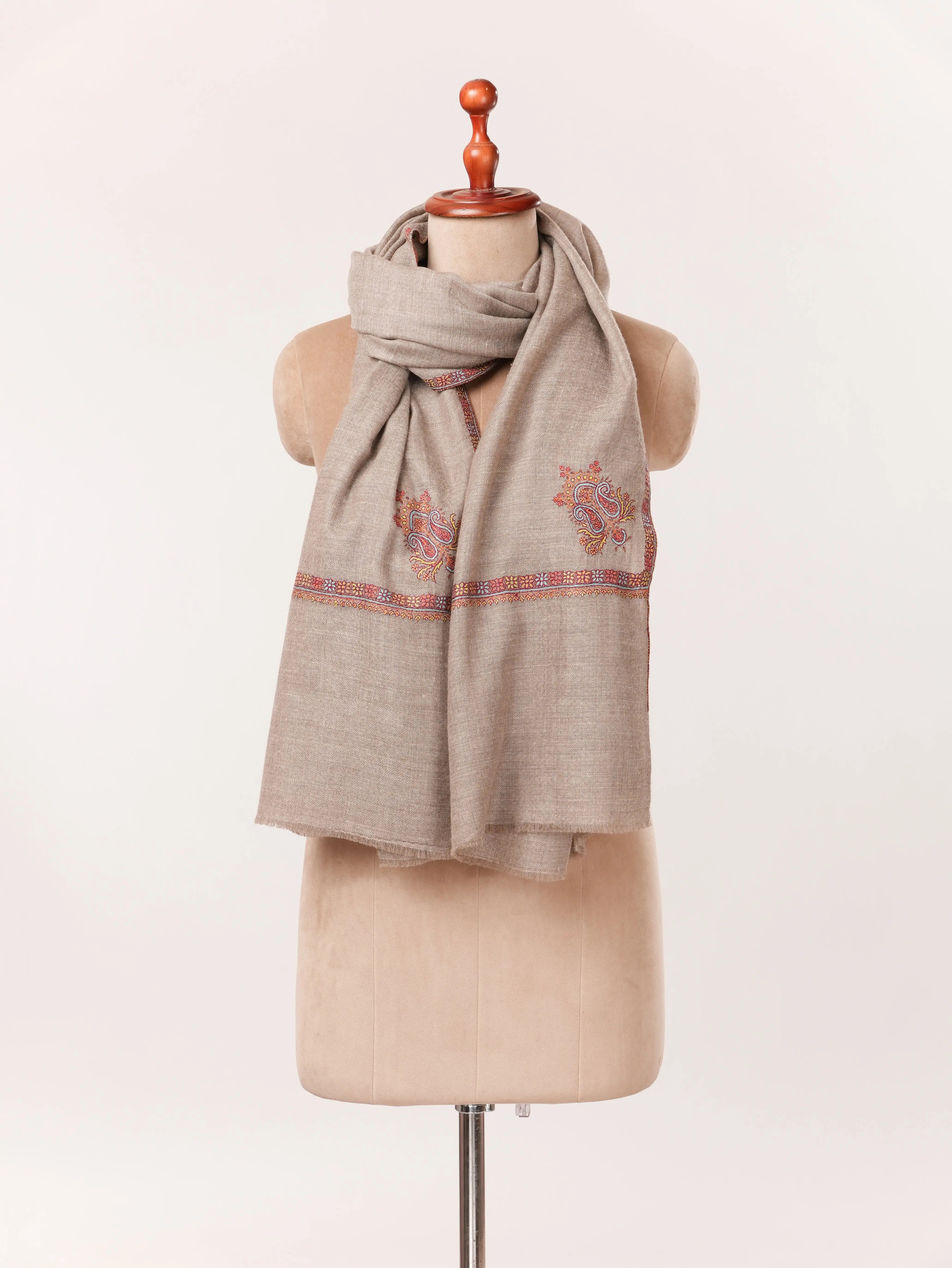 Handwoven Taupe Cashmere Scarf with Kashmiri Hand Sozni Embroidery Shahkaar.com