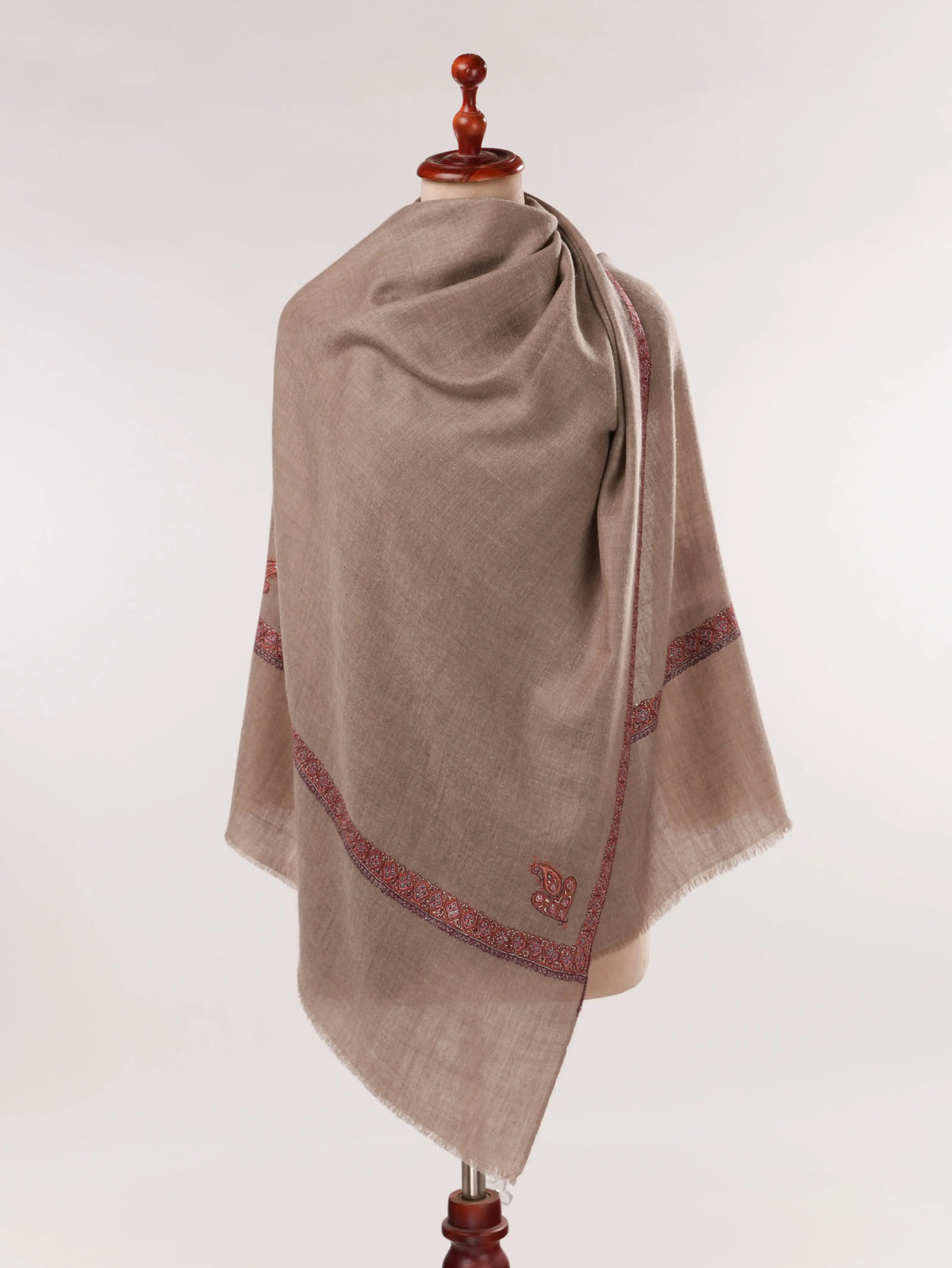Beige Handwoven Soft Cashmere Scarf with Hashia Sozni Embroidery Shahkaar.com