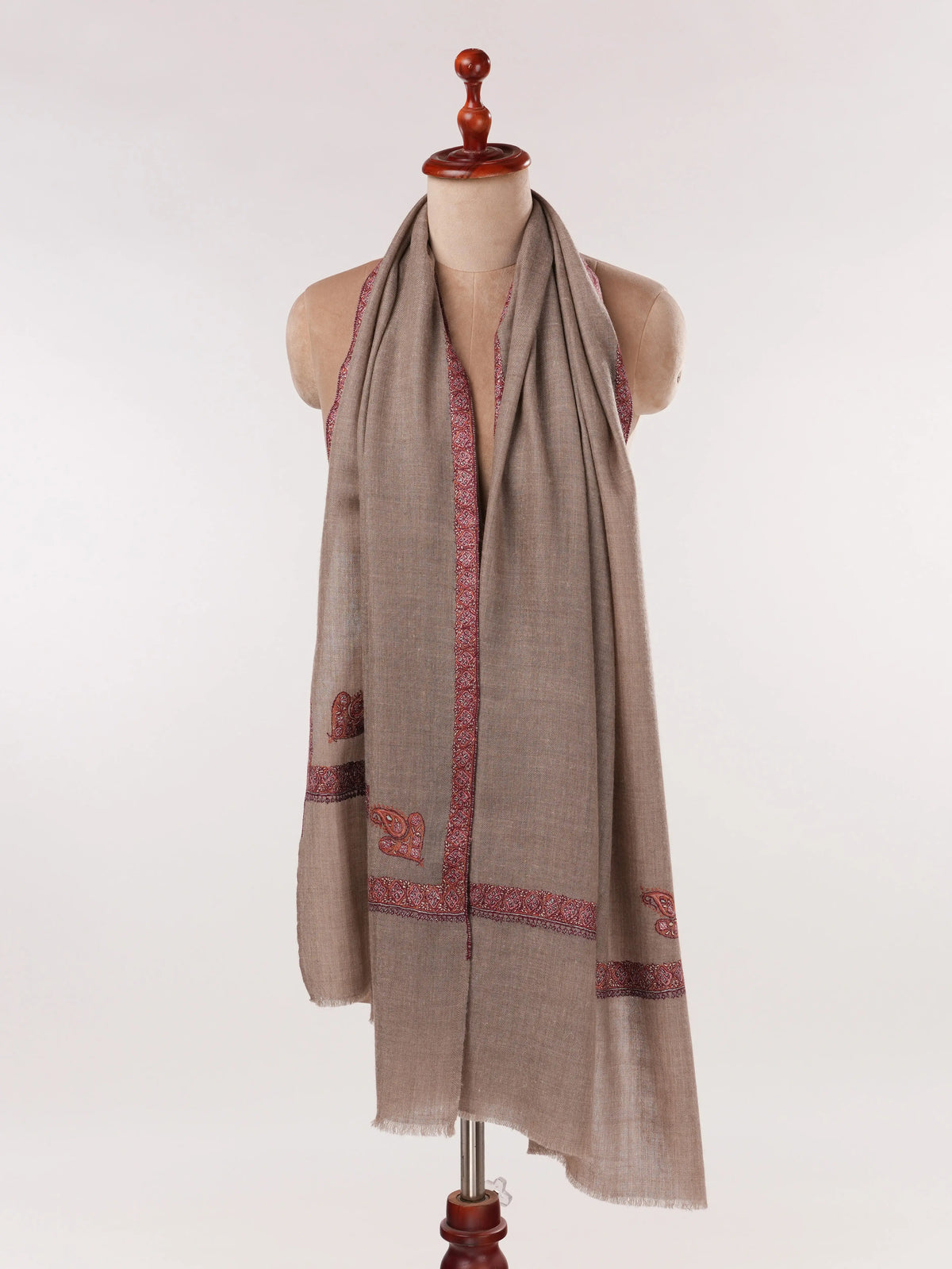 Beige Handwoven Soft Cashmere Scarf with Hashia Sozni Embroidery Shahkaar.com
