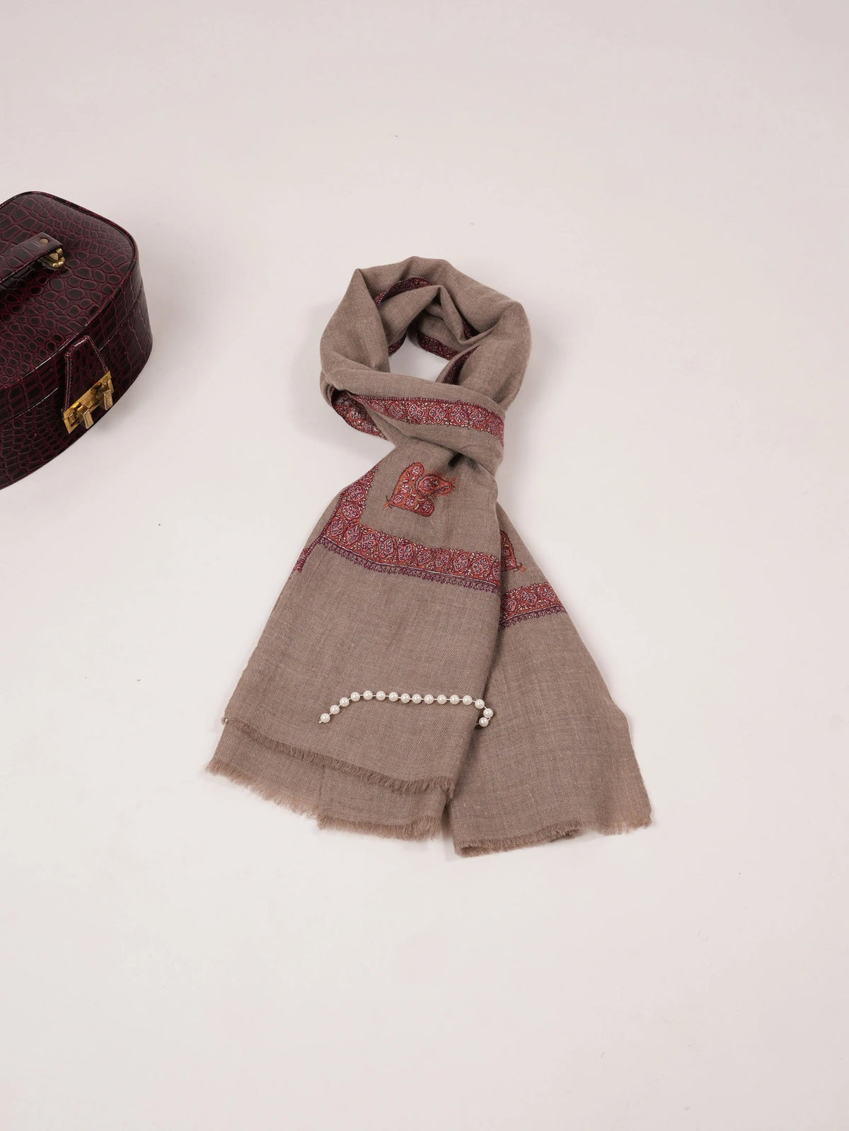 Beige Handwoven Soft Cashmere Scarf with Hashia Sozni Embroidery Shahkaar.com