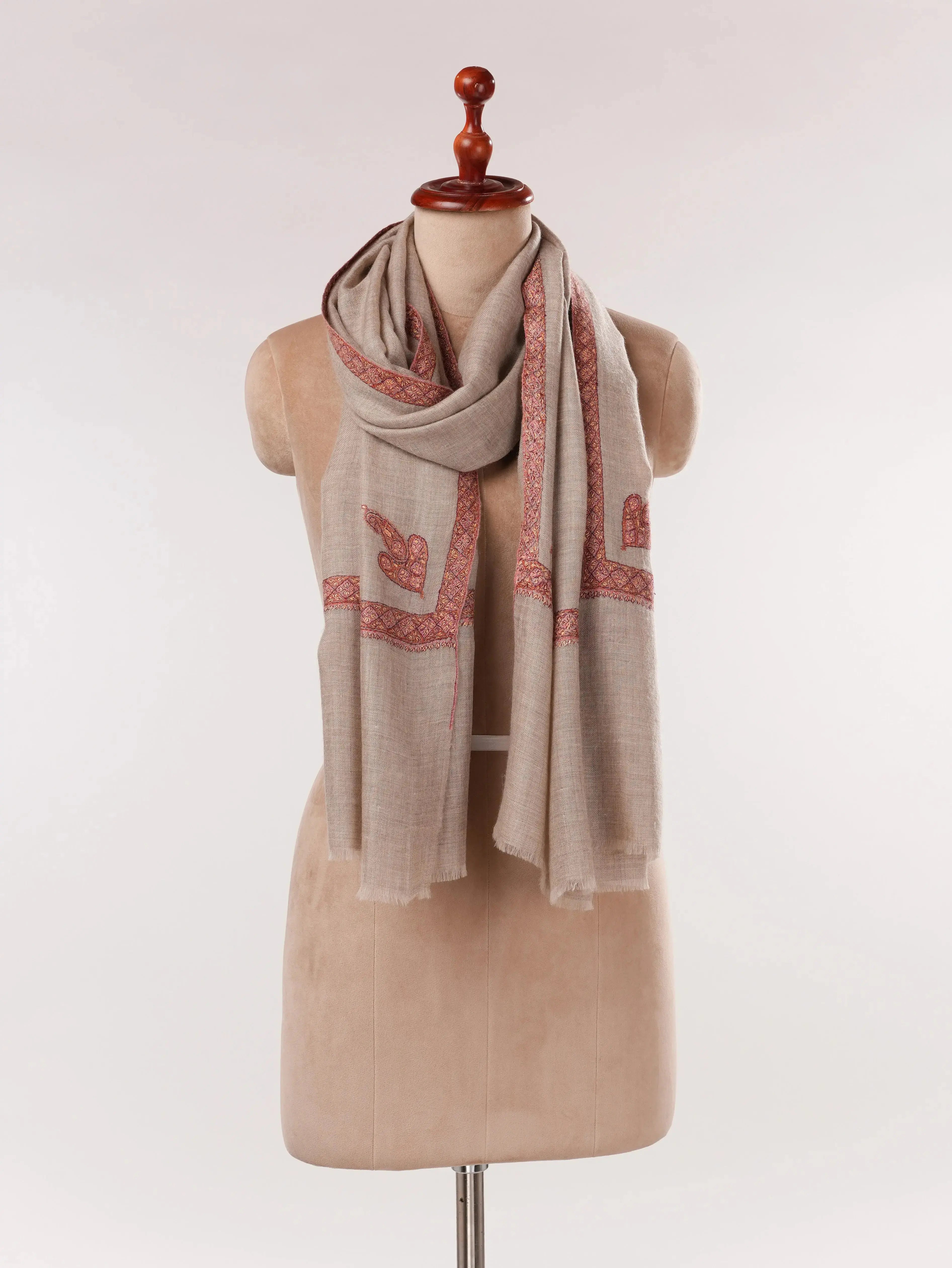 Natural Taupe Featherlight Cashmere Scarf with Classic Hand Embroidery Shahkaar.com