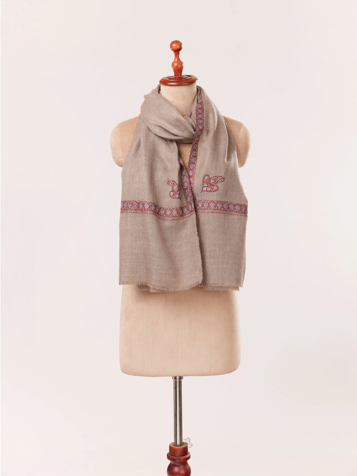 Hashia Sozni Embroidered Natural Taupe Handwoven Kashmiri Cashmere Scarf Shahkaar.com