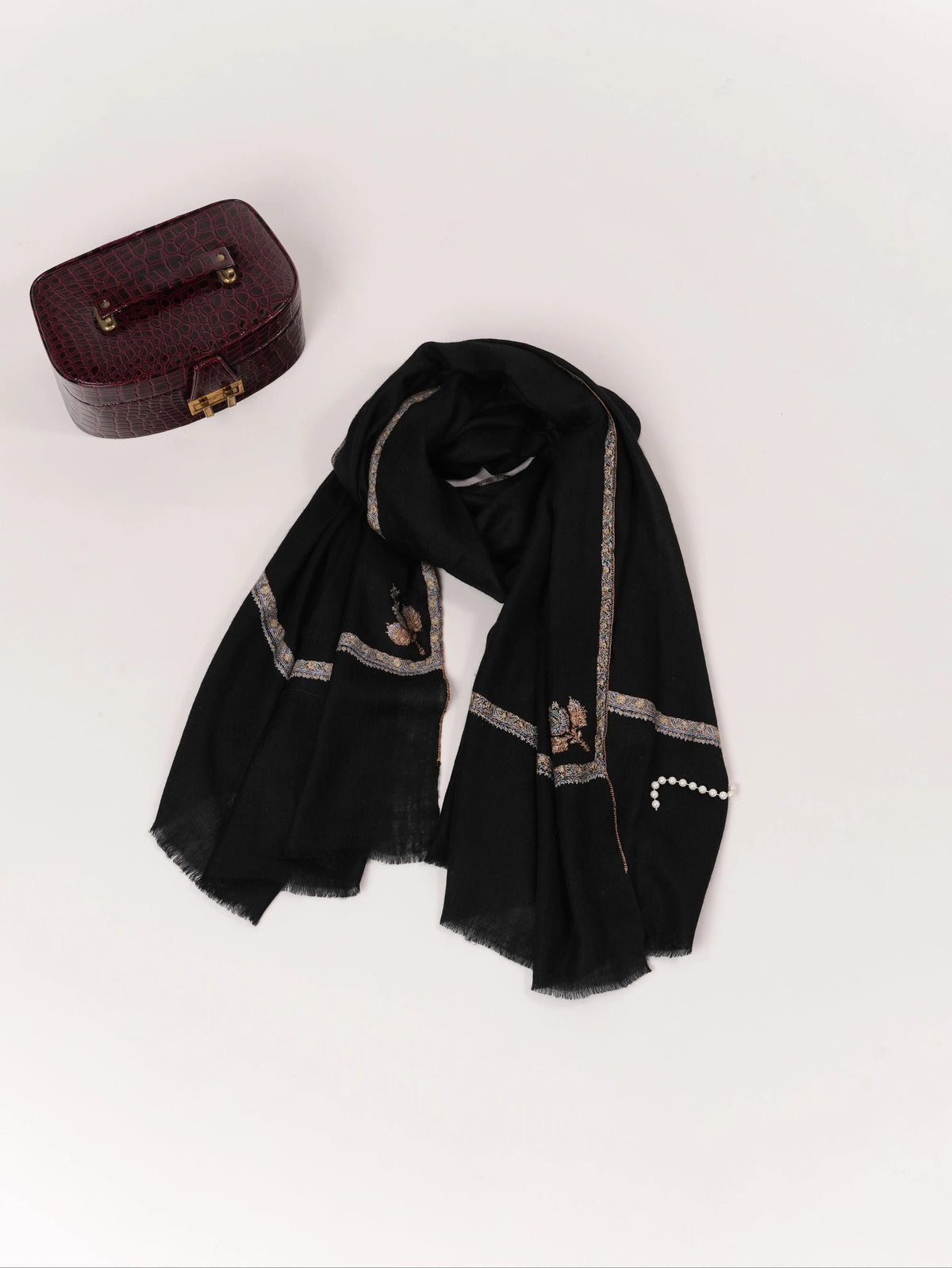 Handwoven Black Kashmiri Pashmina Shawl with Baildar Hand Sozni Embroidery Shahkaar.com