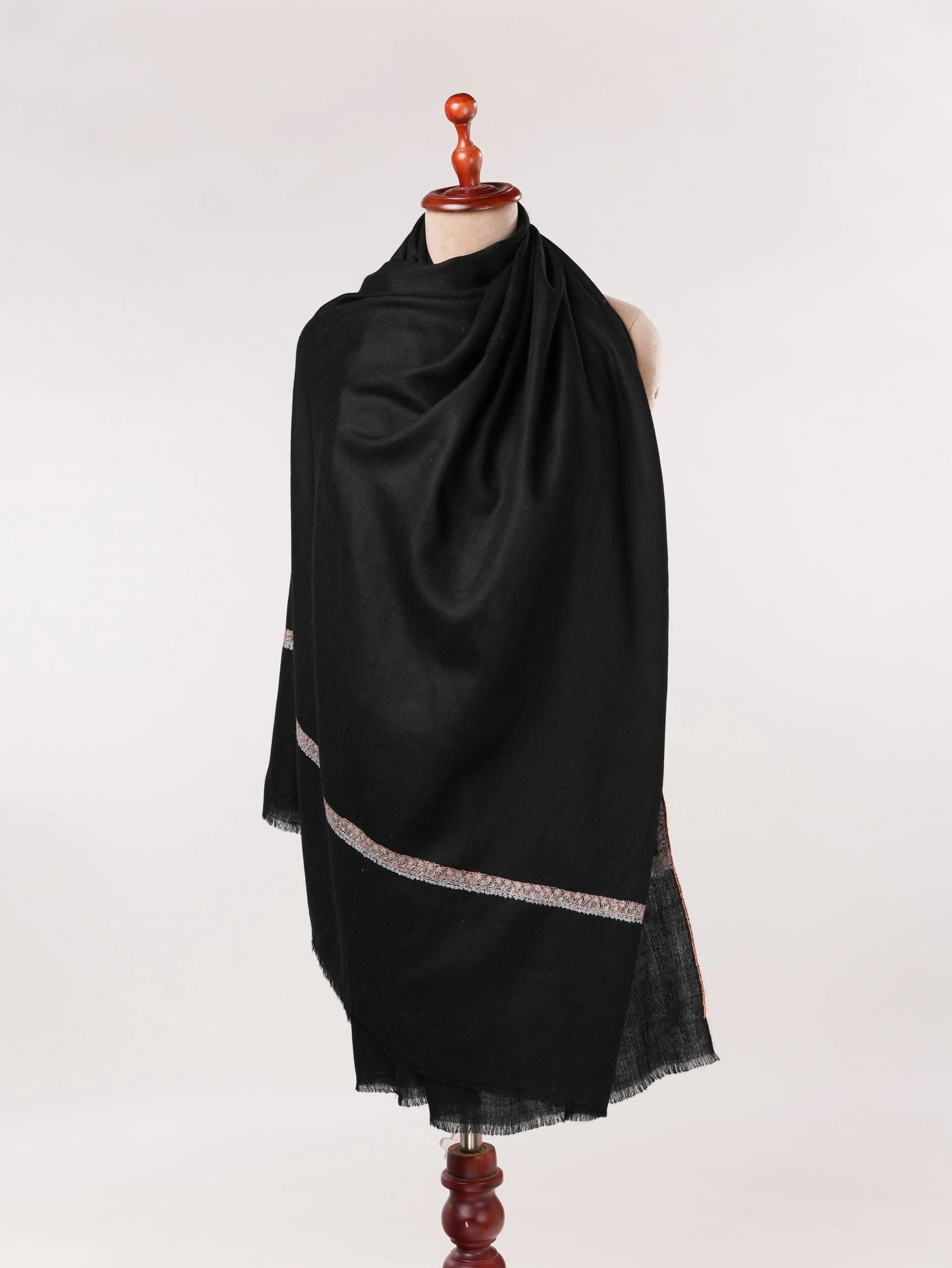 Soft Pashmina Kashmiri Handwoven Black Shawl with Baildar Hand Sozni Embroidery Shahkaar.com