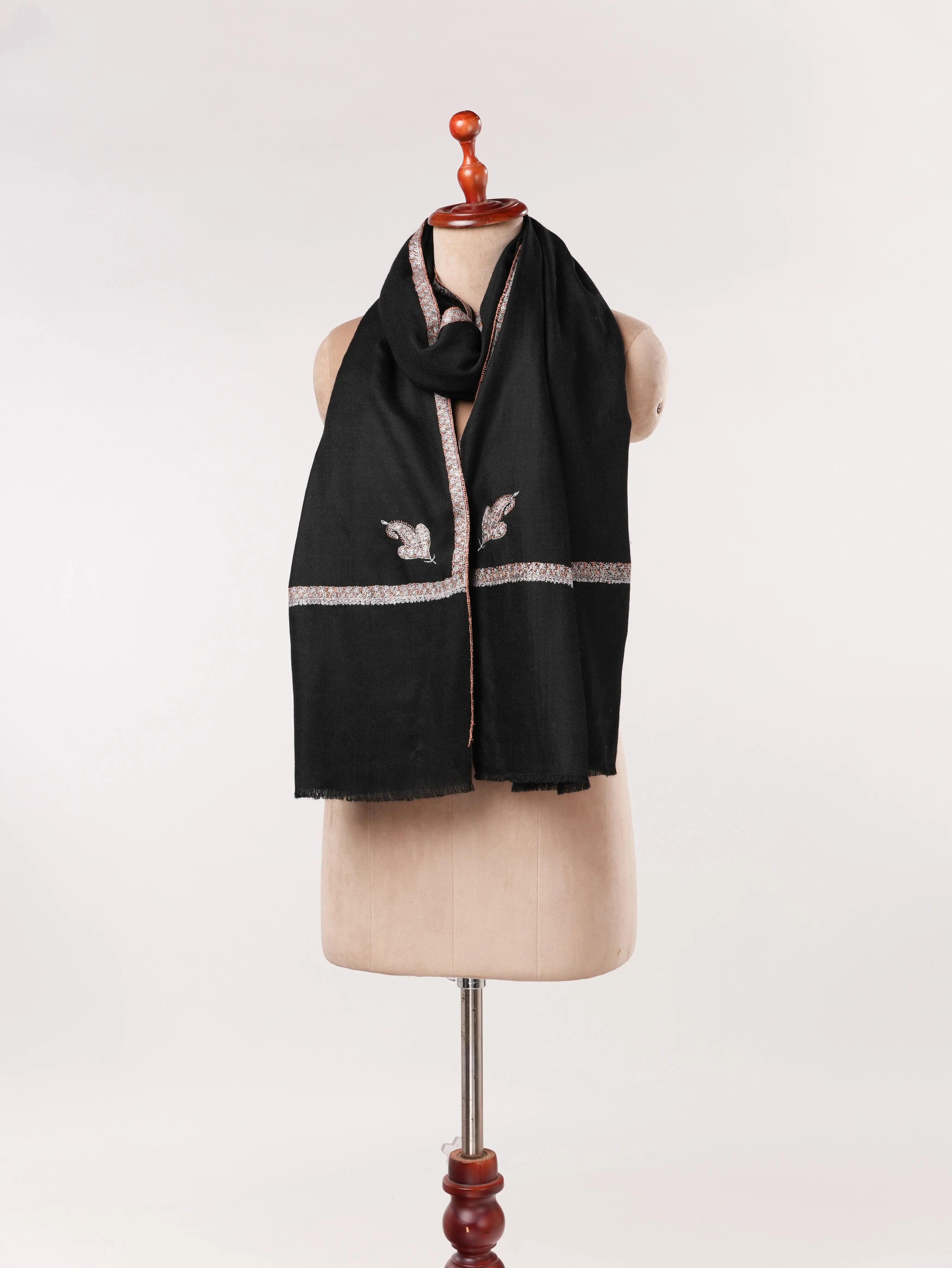 Soft Pashmina Kashmiri Handwoven Black Shawl with Baildar Hand Sozni Embroidery Shahkaar.com
