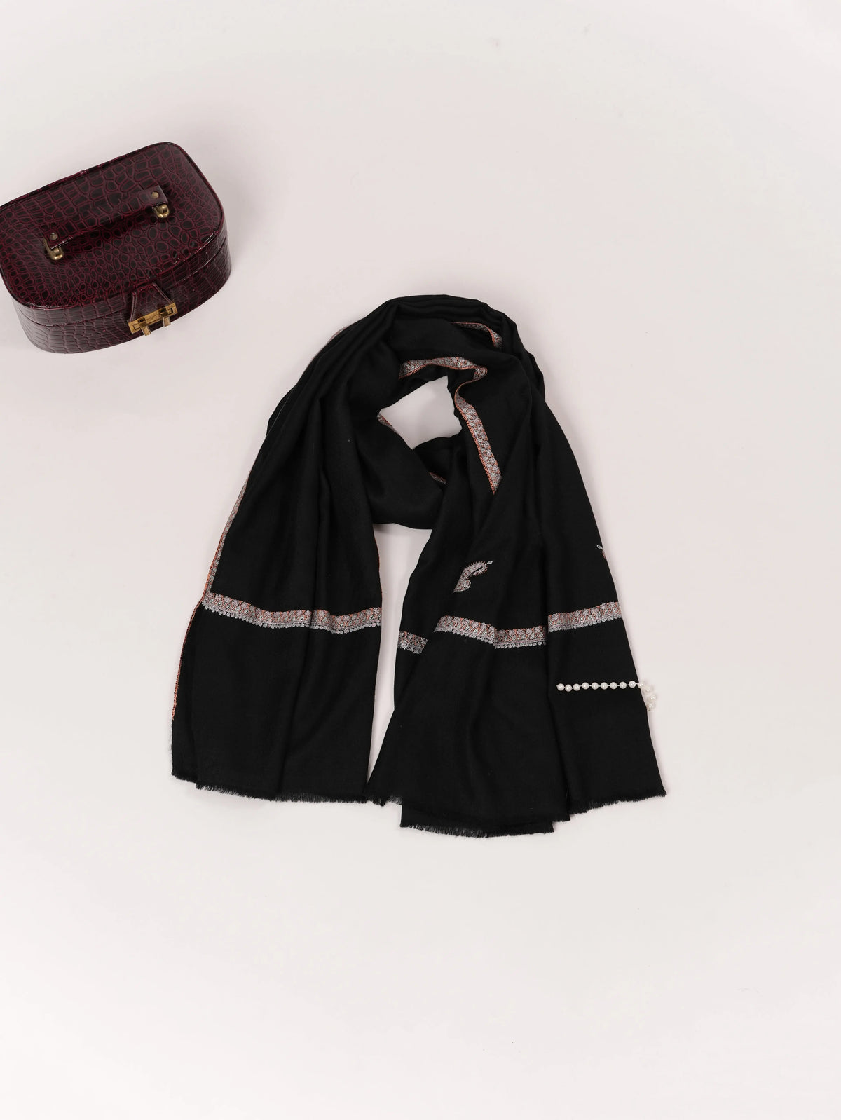 Soft Pashmina Kashmiri Handwoven Black Shawl with Baildar Hand Sozni Embroidery Shahkaar.com