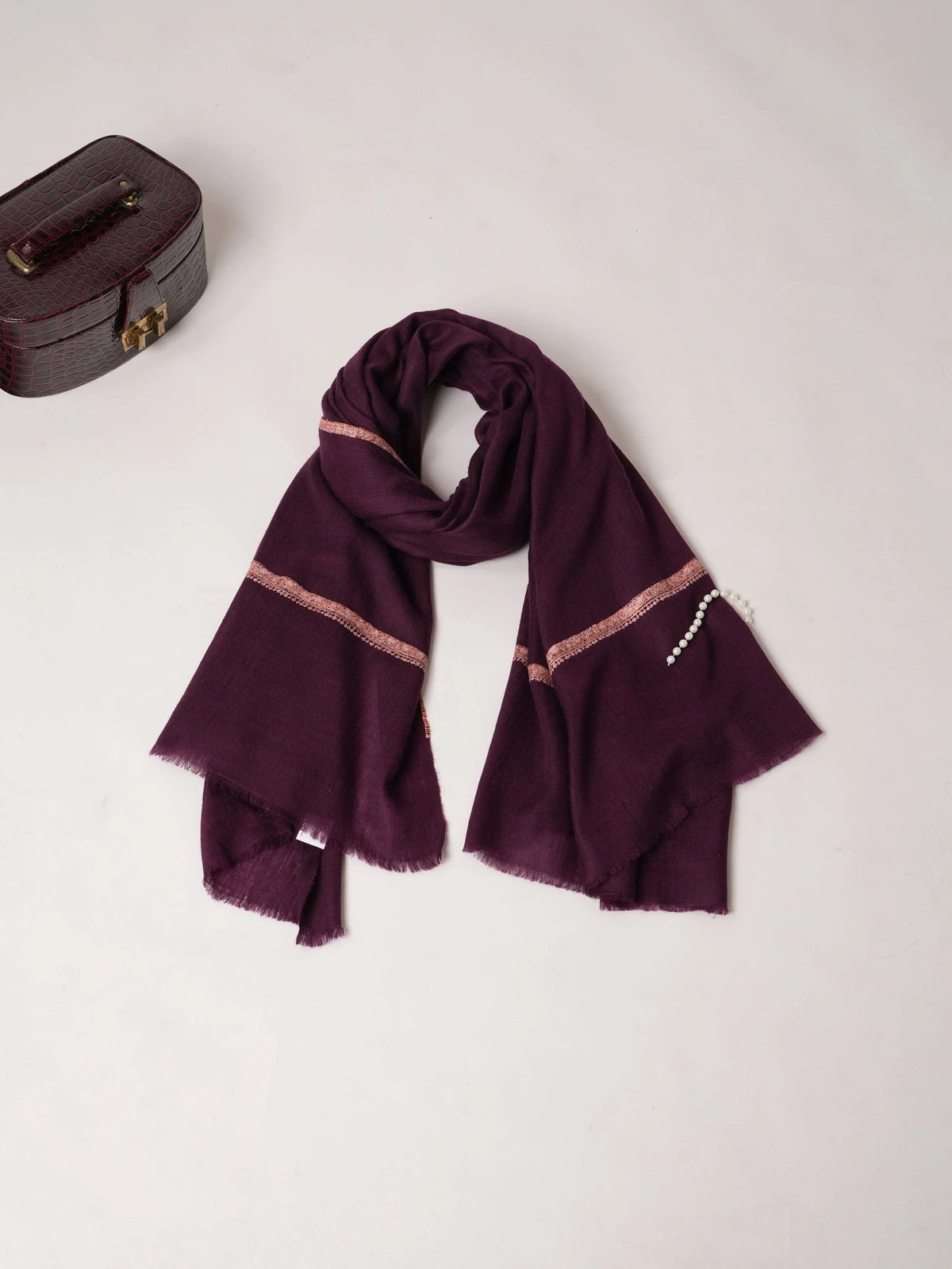 Deep Plum Pure Pashmina Shawl with Peach Baildar Hand Embroidery