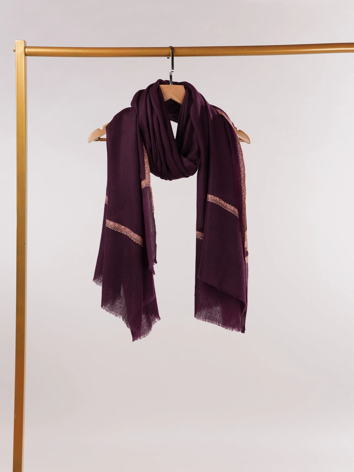 Deep Plum Pure Pashmina Shawl with Peach Baildar Hand Embroidery