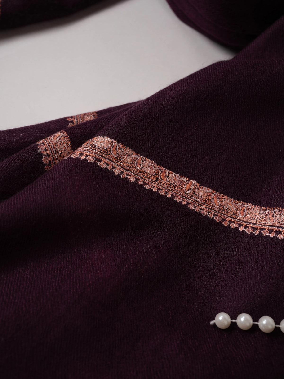 Deep Plum Pure Pashmina Shawl with Peach Baildar Hand Embroidery