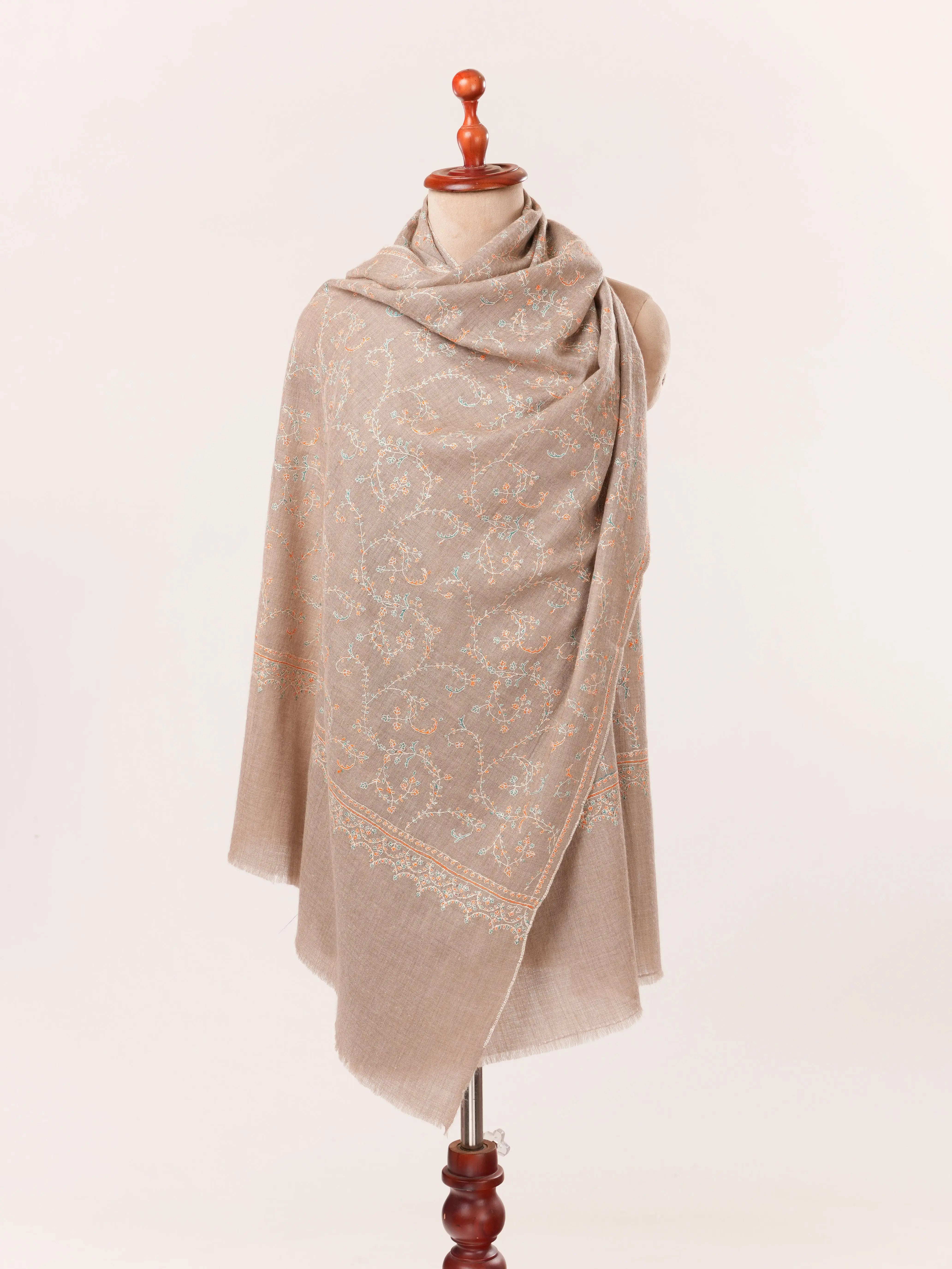 Jali Sozni Embroidery Natural Taupe Handwoven Authentic Cashmere Scarf Shahkaar.com