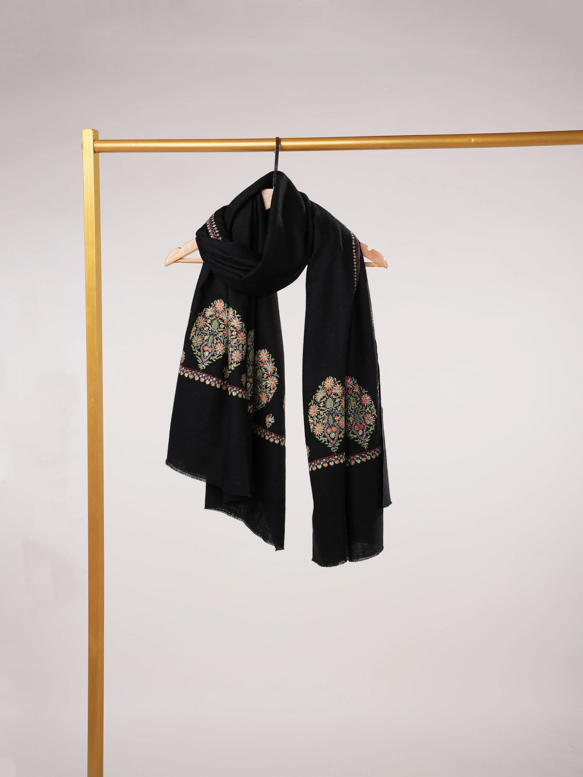Kashmiri Handwoven Pashmina Black Shawl with Hand Sozni Palldar Embroidery Shahkaar.com