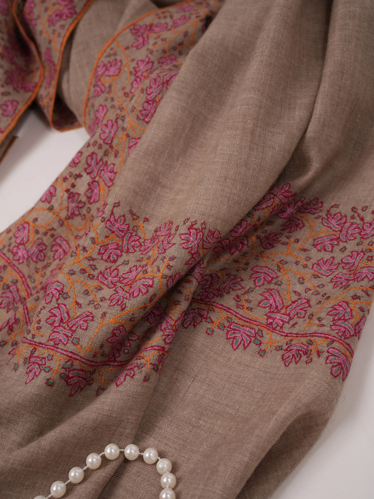 Natural Taupe Kashmiri Handwoven Pashmina Shawl with Daurdar Hand Sozni Embroidery Shahkaar.com