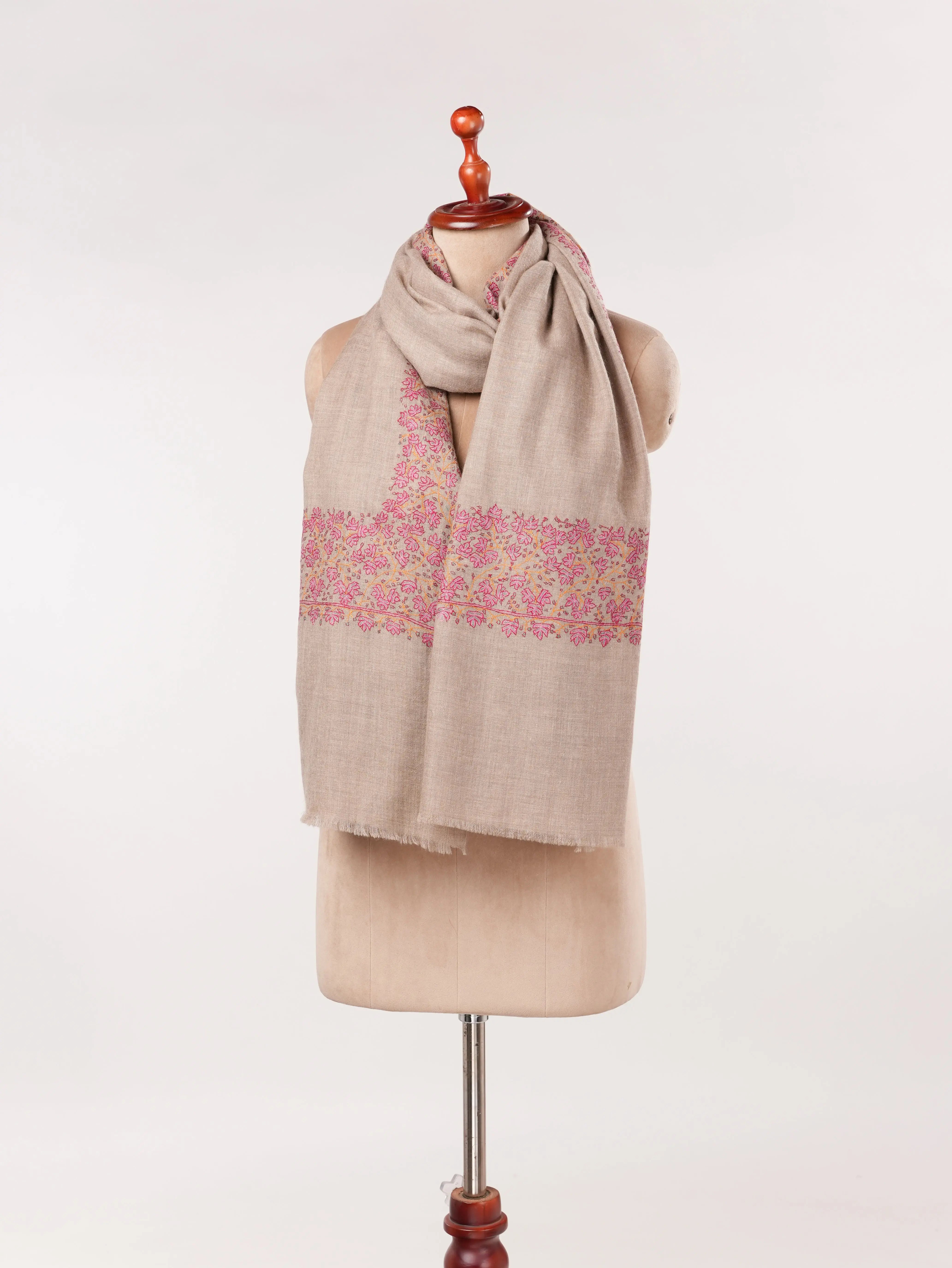 Natural Taupe Kashmiri Handwoven Pashmina Shawl with Daurdar Hand Sozni Embroidery Shahkaar.com