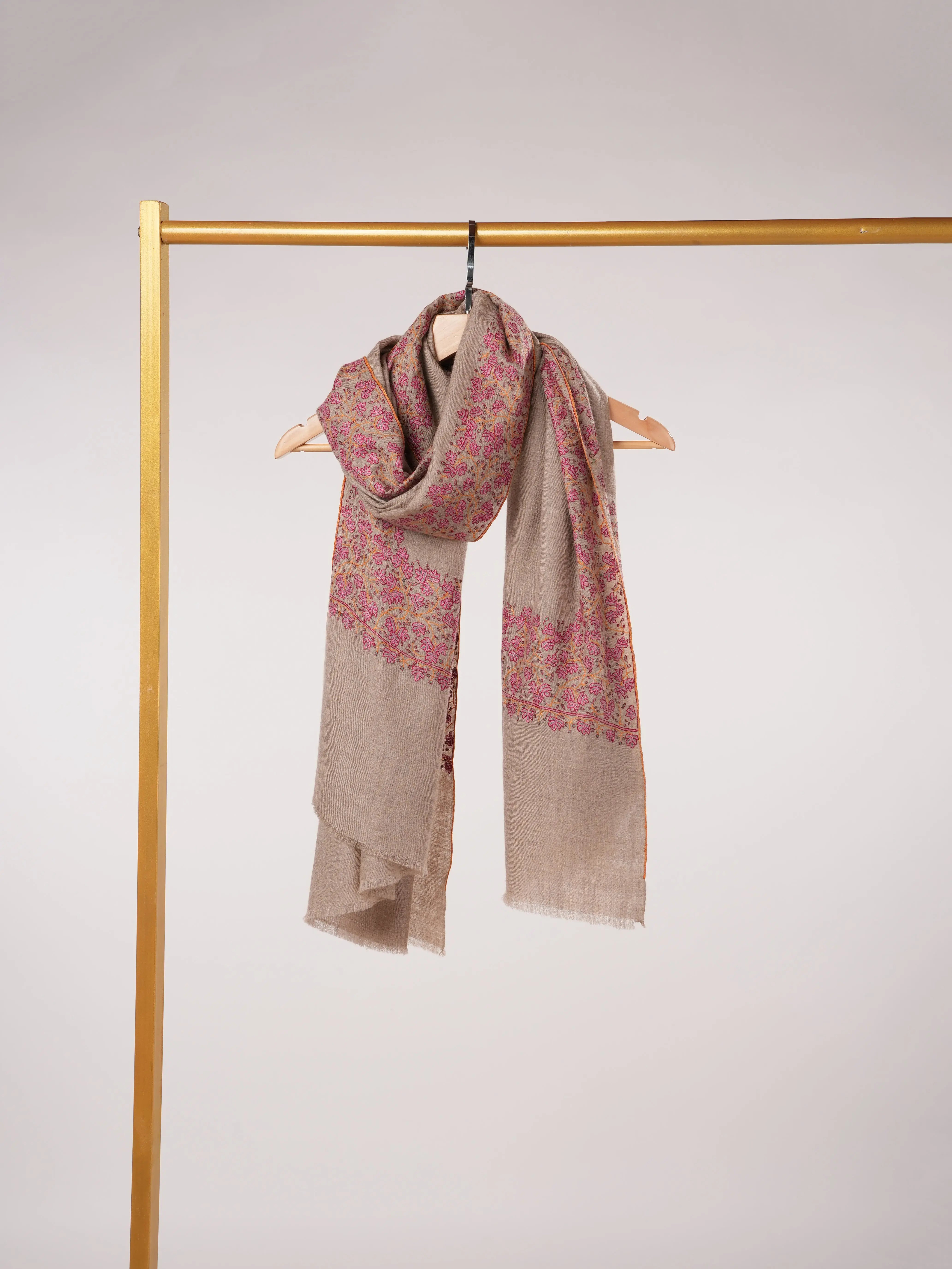 Natural Taupe Kashmiri Handwoven Pashmina Shawl with Daurdar Hand Sozni Embroidery Shahkaar.com