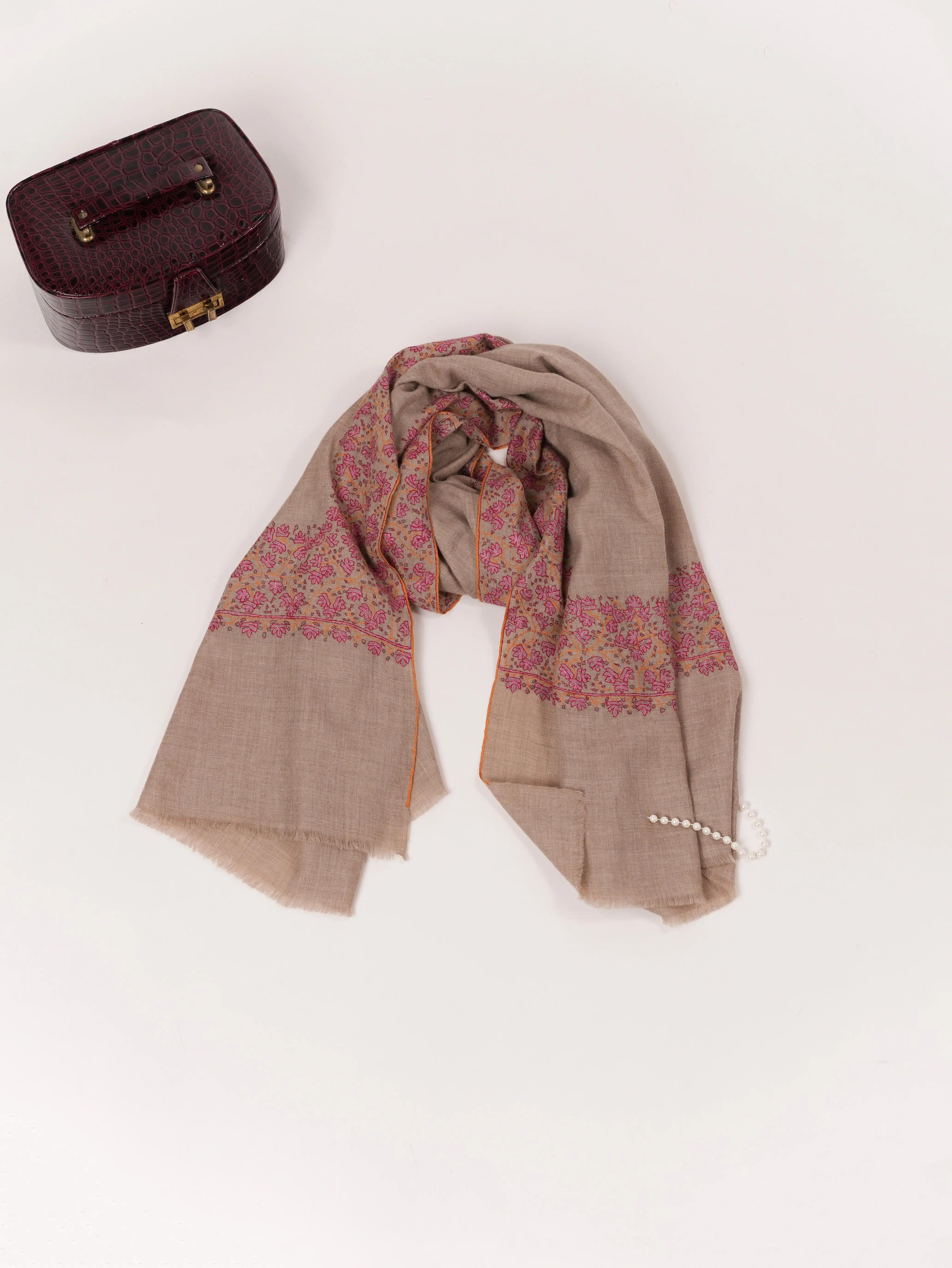 Natural Taupe Kashmiri Handwoven Pashmina Shawl with Daurdar Hand Sozni Embroidery Shahkaar.com