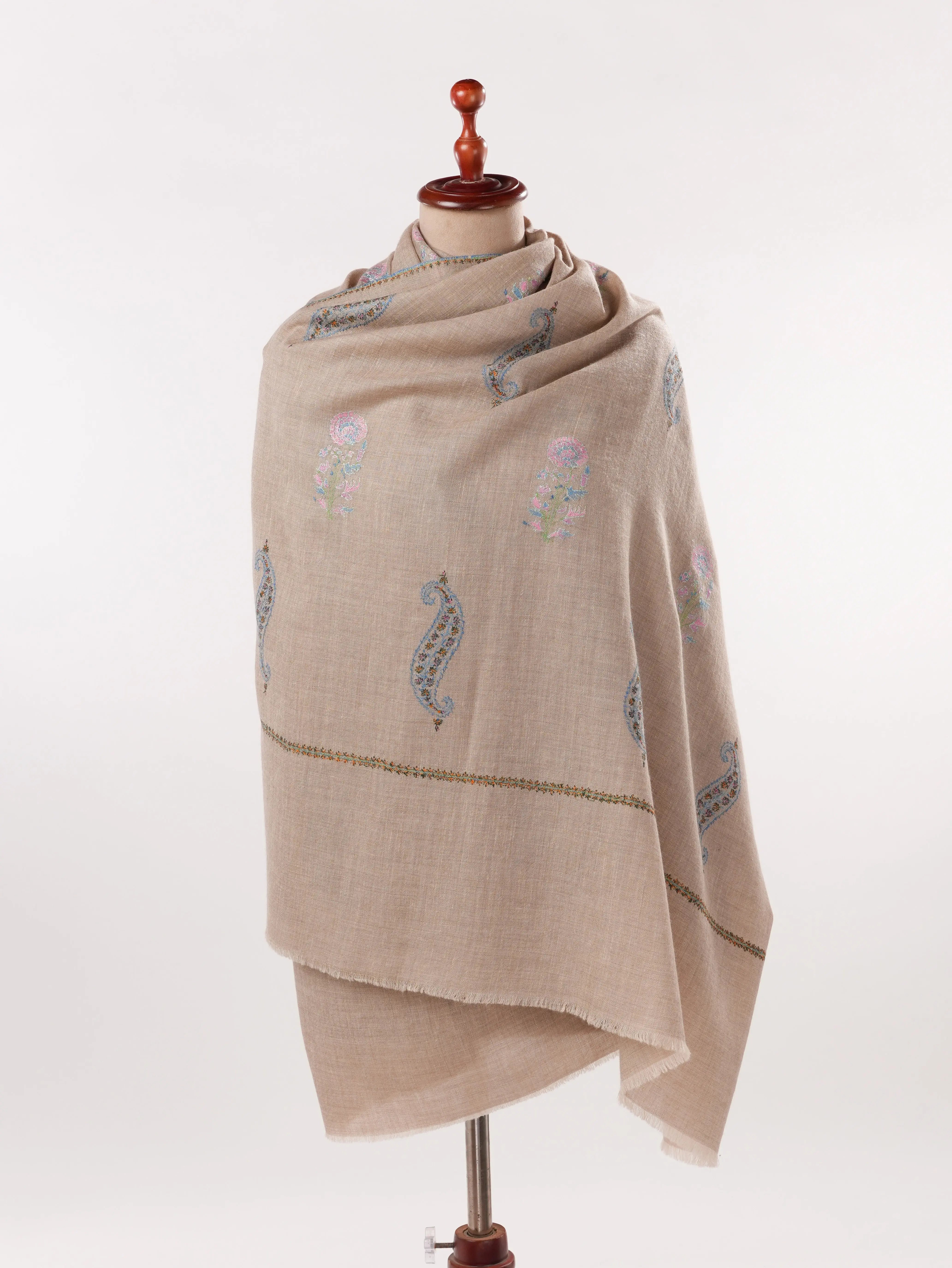 Beige Women's Kashmiri Soft Pashmina Shawl with Buteh Hand Sozni Embroidery Shahkaar.com