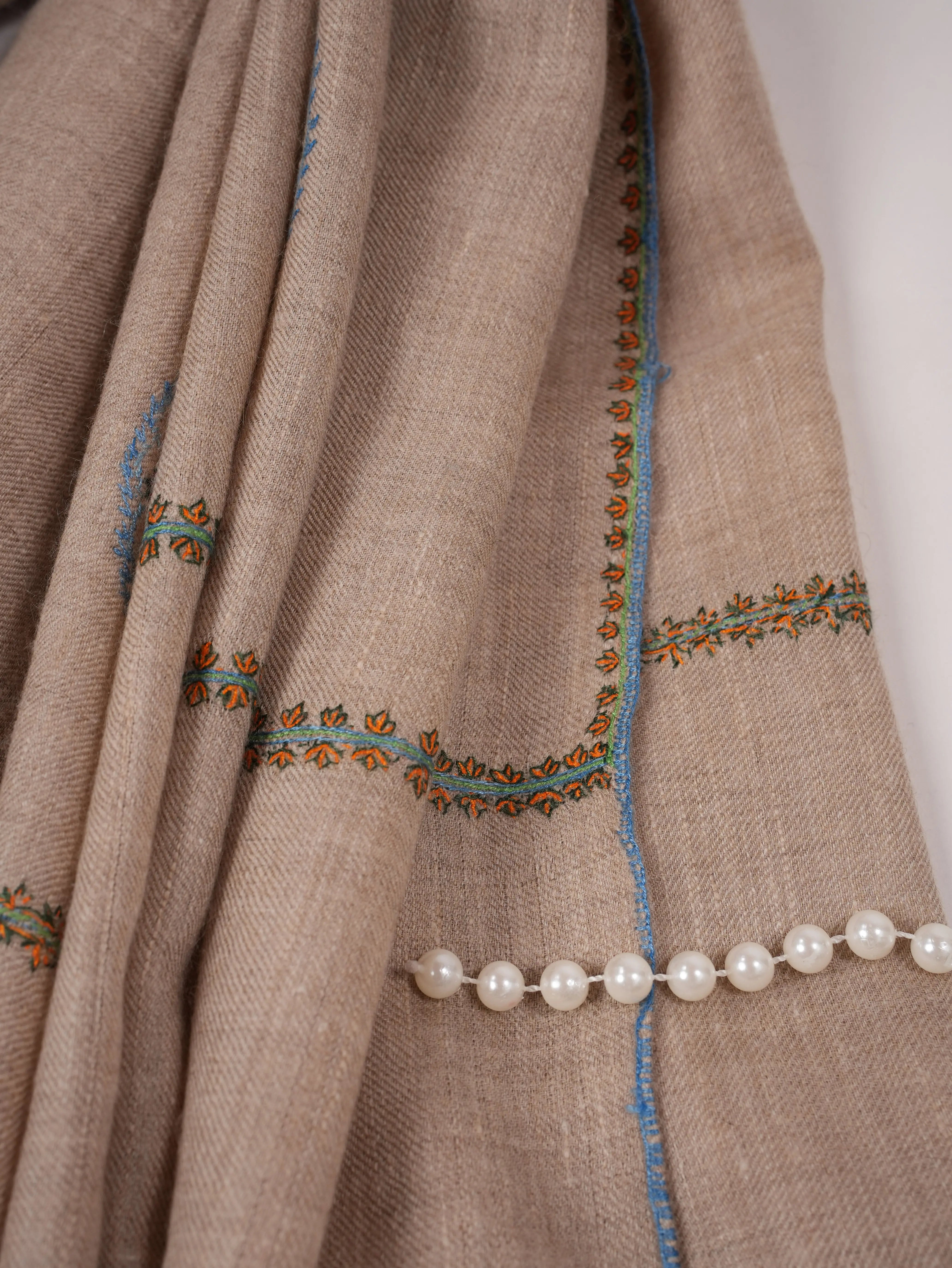 Beige Women's Kashmiri Soft Pashmina Shawl with Buteh Hand Sozni Embroidery Shahkaar.com