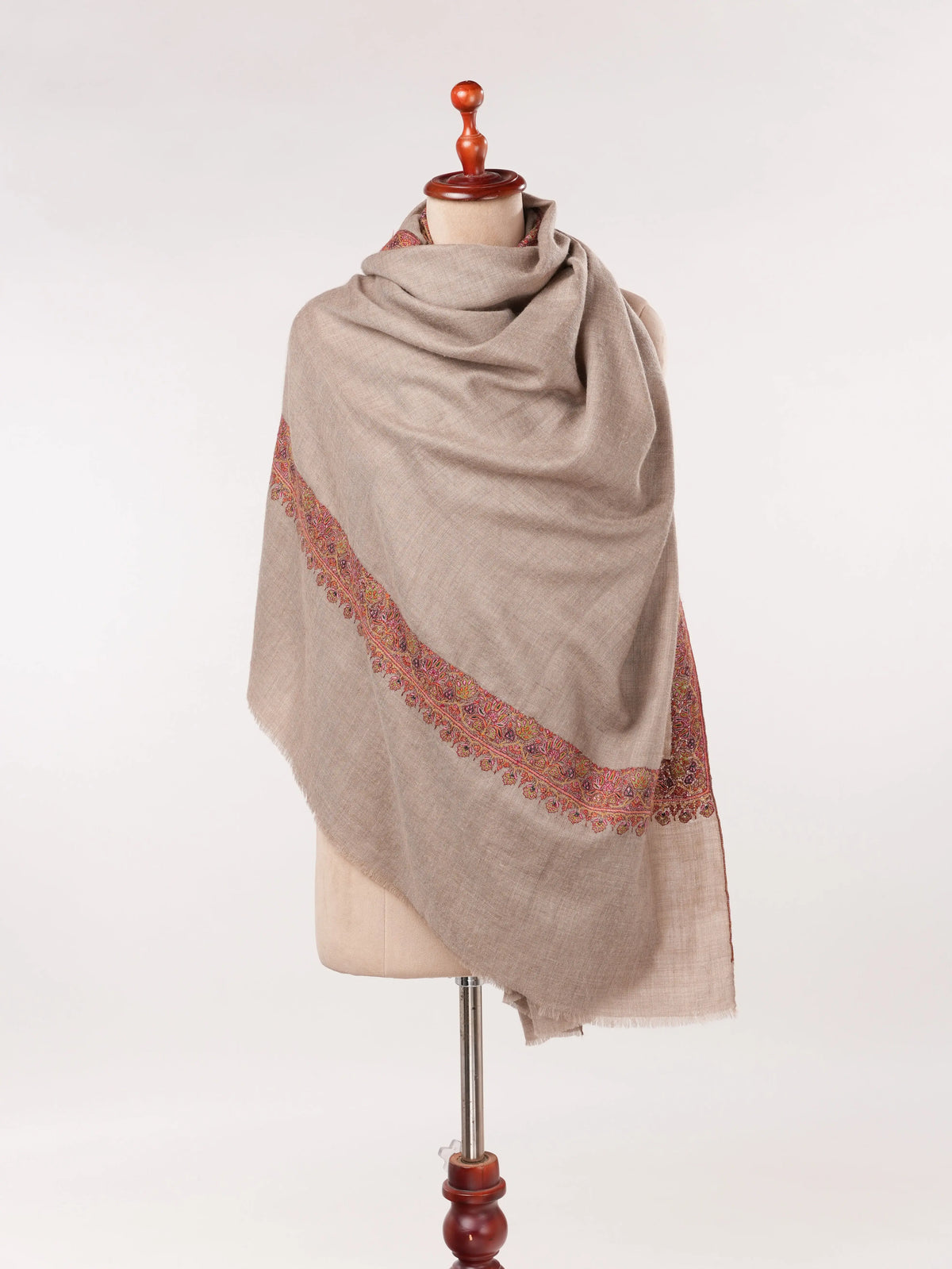 Neemdaur Natural Taupe Kashmiri Handwoven Pashmina Shawl with Hand Sozni Embroidery Shahkaar.com