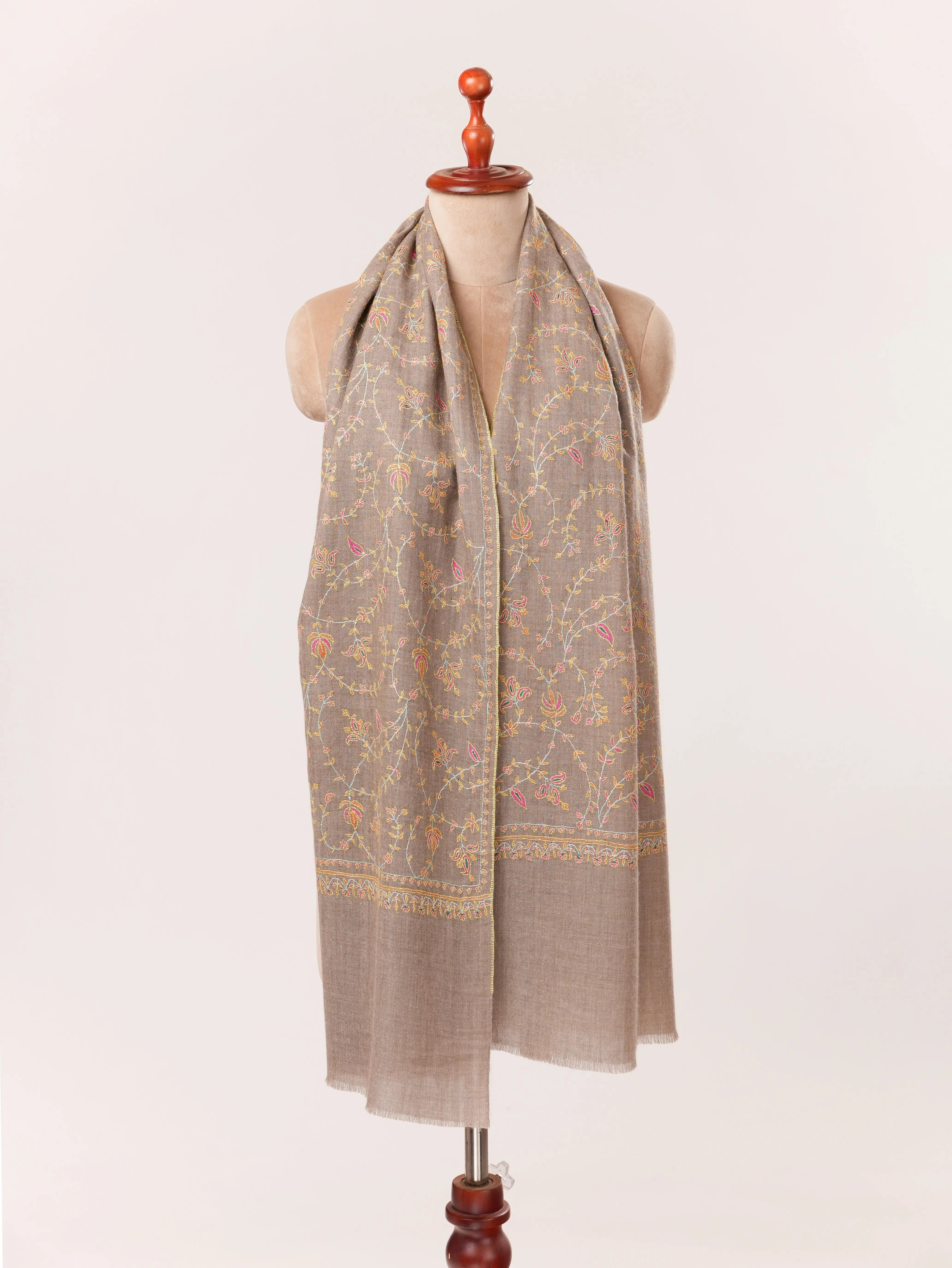 Hand Sozni Jali Embroidered Natural Taupe Handwoven Cashmere Scarf Shahkaar.com